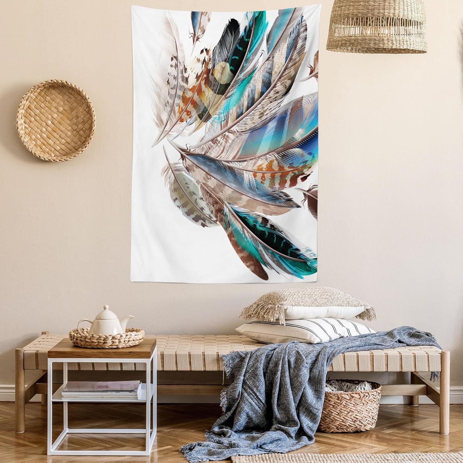 Gobelin z piór, rodzaje piór i rodzime kontury, pióra ptaków i elementy skór zwierzęcych, salon, sypialnia, 152 x 203 cm, brązowo-zielony - 2