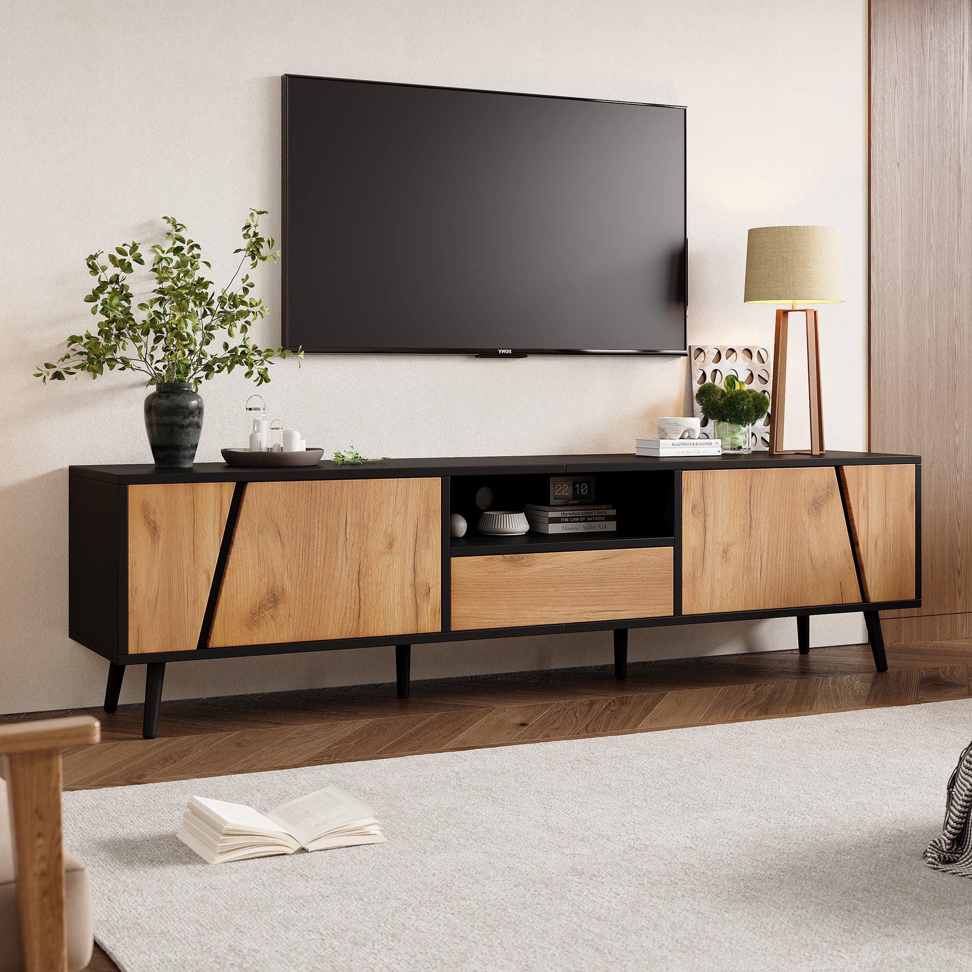 Szafka RTV z 2 drzwiami i 1 szufladą - 180 x 40 x 46 cm - Płyta wiórowa i nogi z litego drewna - Kolor czarny i naturalny