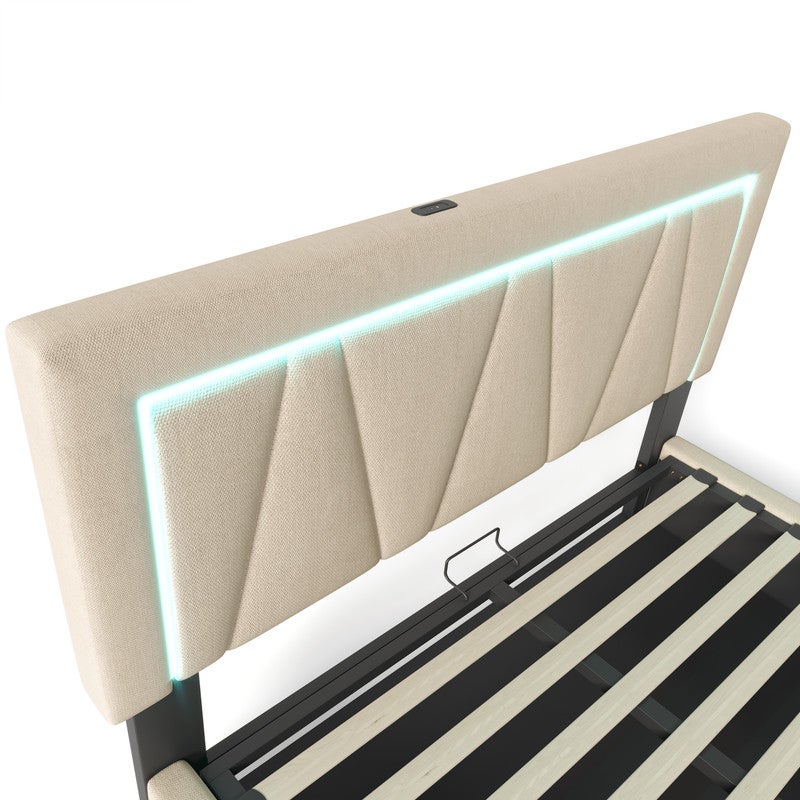 Łóżko z tapicerowanym zagłówkiem 140x200cm z LED i portem ładowania USB oraz Type-C - Tkanina lniana - stelaż na listwach - Beżowy - 6
