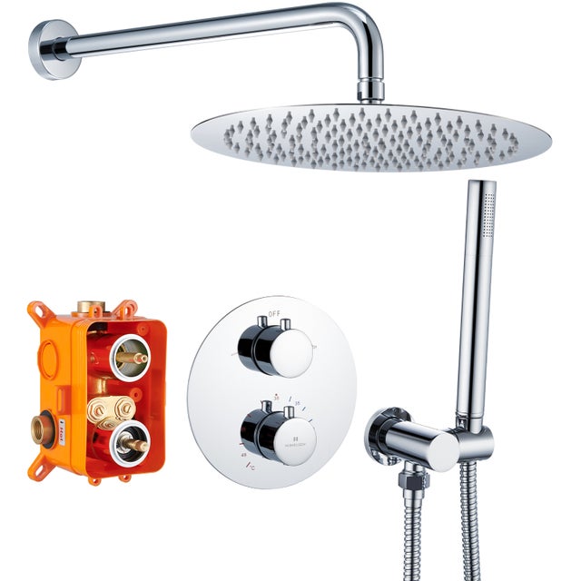 Encastré Colonne de Douche Thermostatique Système de Douche Rond Grande Douche de Tête Set de Douche Encastrée en Laiton Chromé Design Moderne