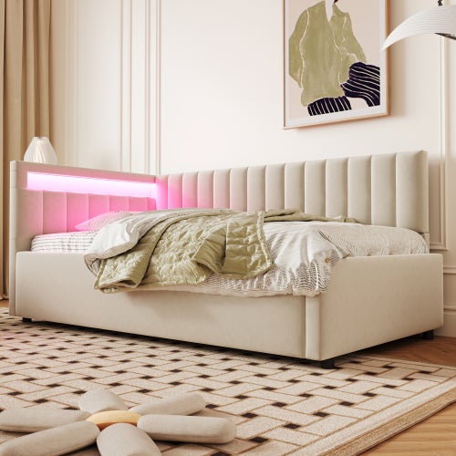 Canapé-lit 90 x 200 cm avec LED, espace de rangement, sommier à lattes, en velours, beige, sans matelas - 3