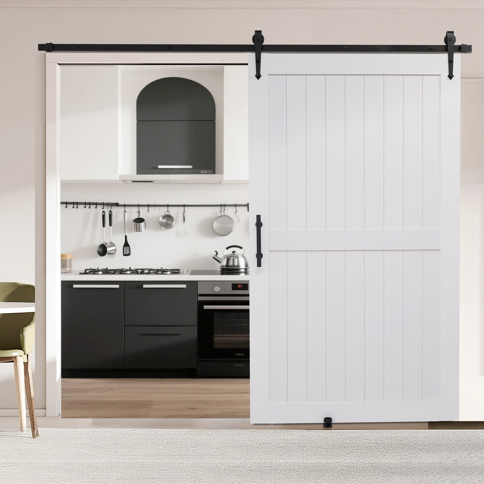 Porte de grange coulissante,VEVOR 1219 x 2134 mm,panneau MDF,surface en PVC imperméable,facile à installer,cadre en H,pour salon et salle bain - 8