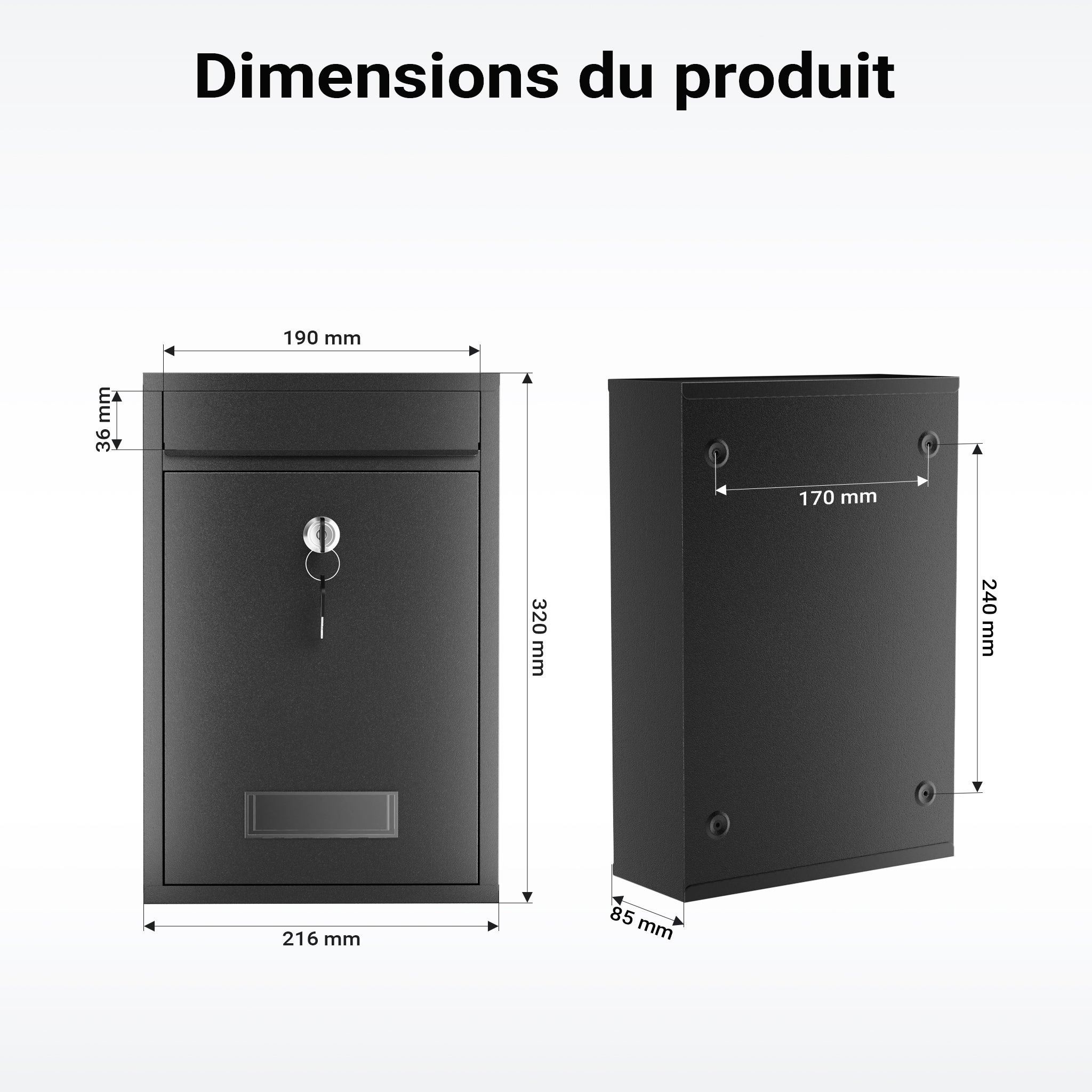 Boîte aux lettres murale verrouillable V11 noire pour courrier, 216 x 85 x 320 mm, Revêtement par poudre, Fente 191 x 36 mm, avec Wiltec - 3