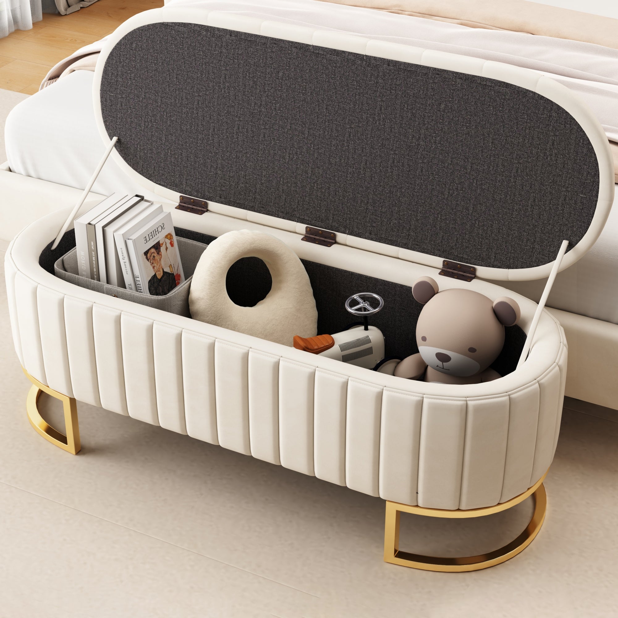 Banc de rangement, banquette - 120 x 39.9 x 41.9 cm - Velours et pièds en métal - Beige - 2