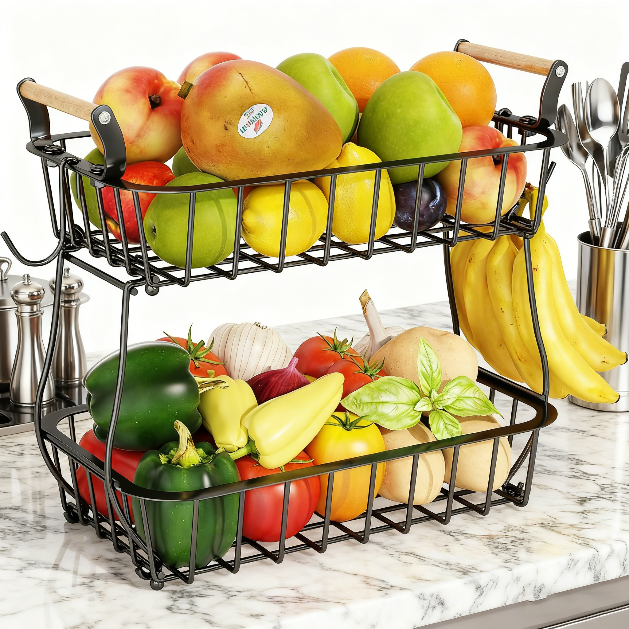 Set 4 cesti frutta 2 piani con supporto per banane, organizer metallico per frutta e verdura, ideale per cucina e conservazione - 3
