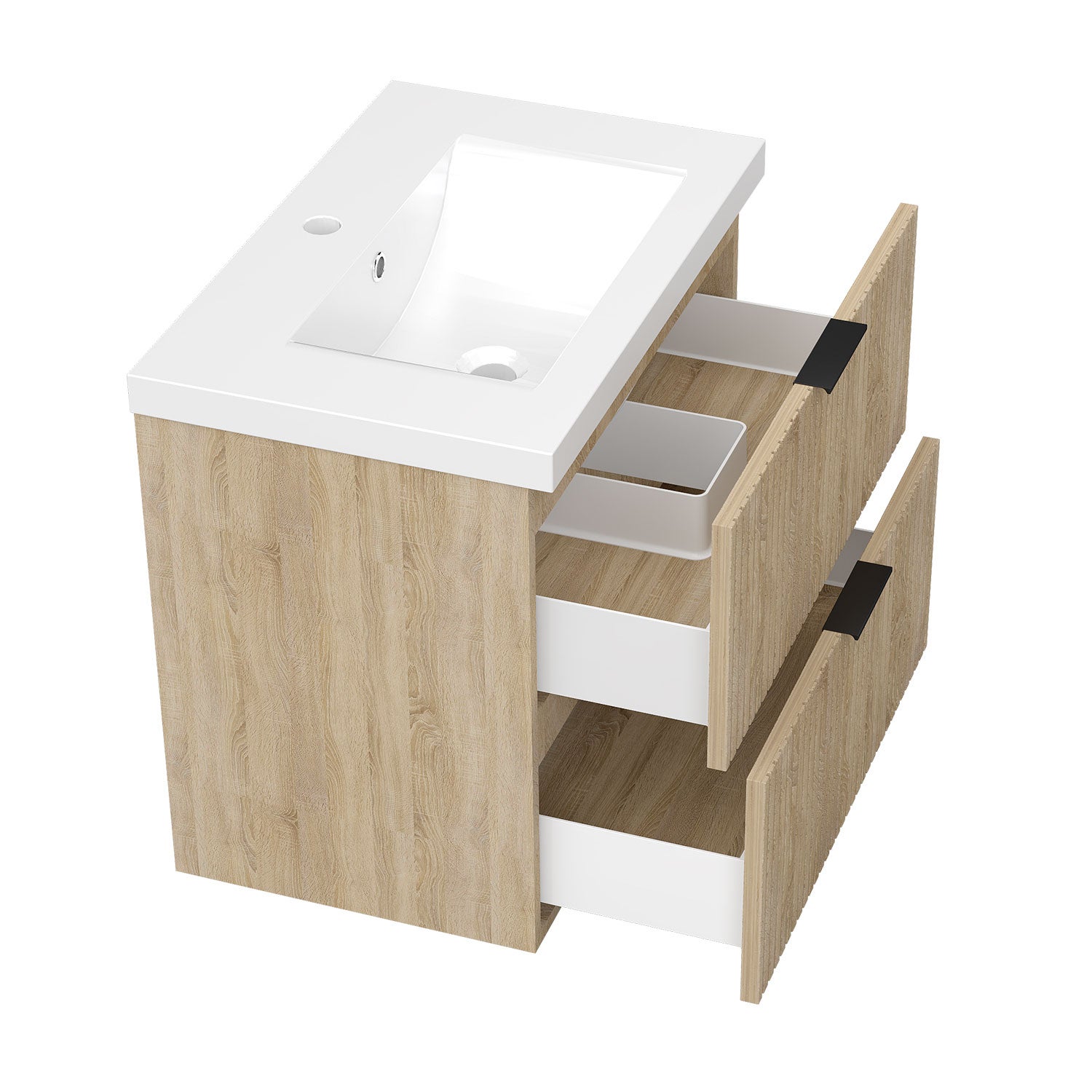 Meubles Salle de Bain 60cm avec simple vasque céramique - 2 tiroirs meuble Chêne Wotan - 2