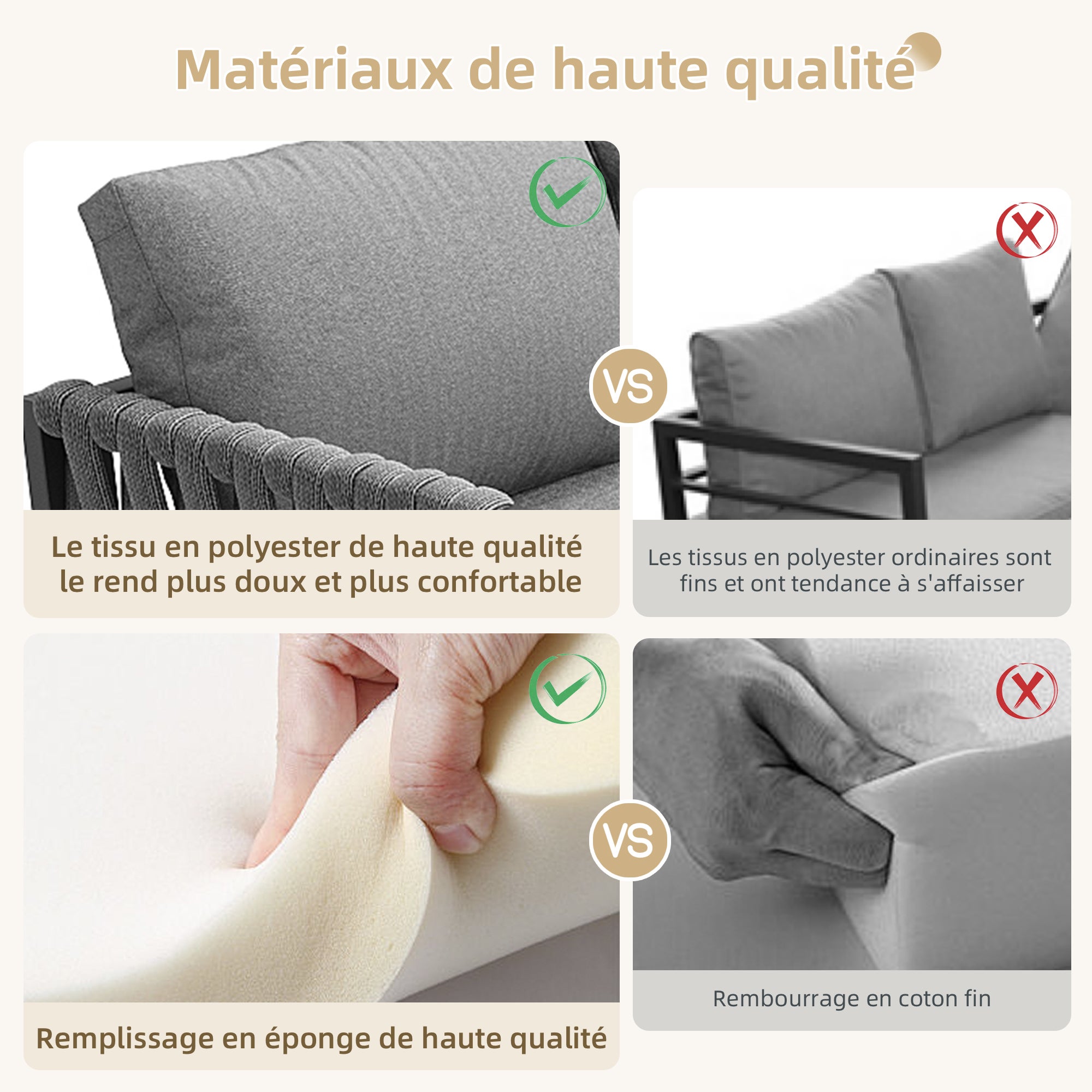 Ensemble de salle à manger de jardin - en corde - avec structure en fer galvanisé, pieds réglables, canapé d'angle, 1 fauteuil, 1 tabouret, gris - 6