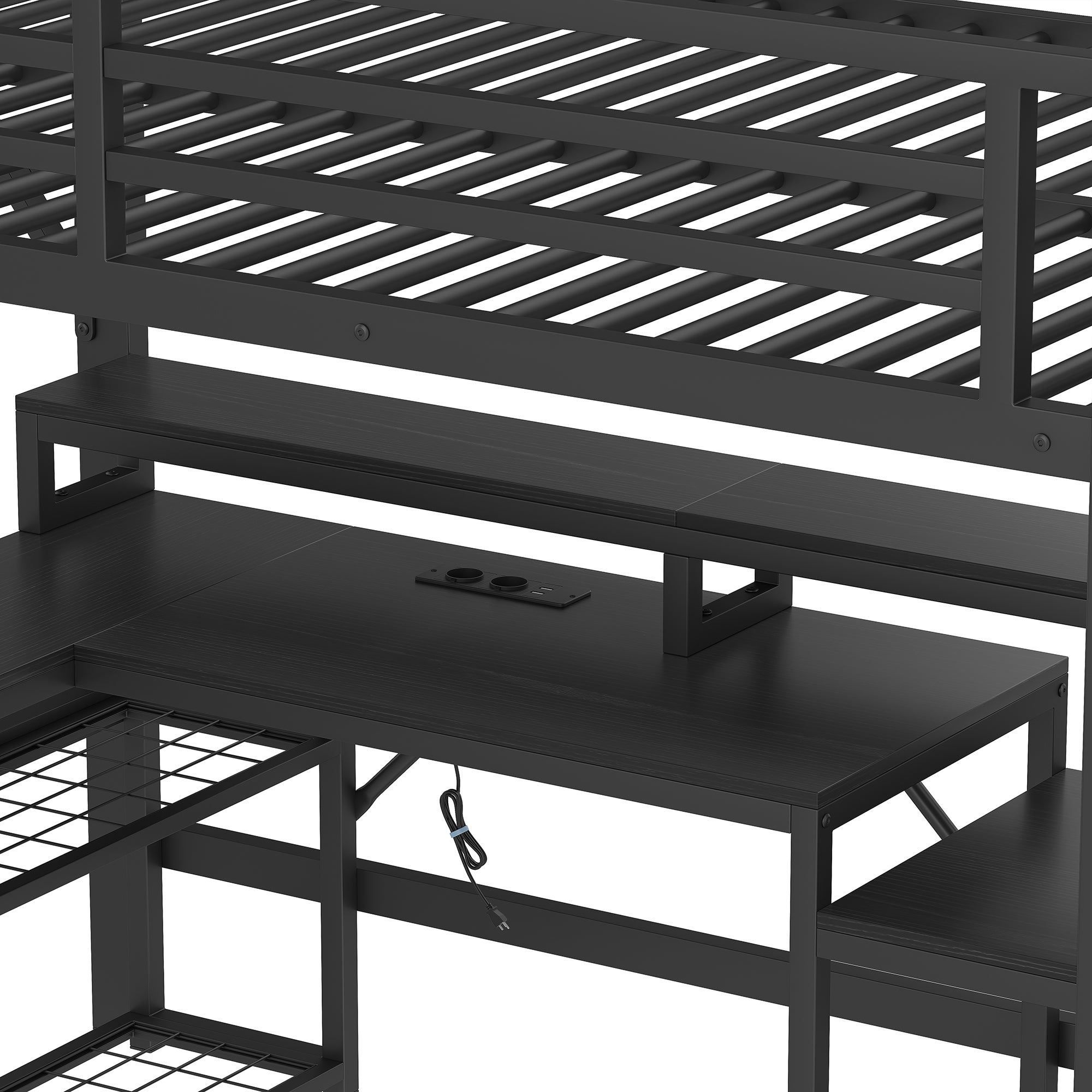 Lit mezzanine 140 x 200 cm avec LED et port USB et bureau, rangements et escalier avec stockage, garde-corps sécurité, sans matelas, Noir - 8