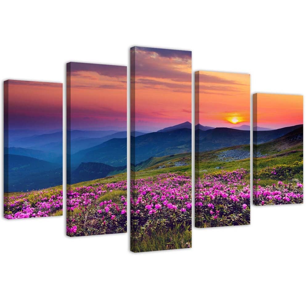 MuchoWow© Stampa su Tela 120x80 cm Canvas Quadri per il Soggiorno Quadro Camera da Letto Decorazioni Parete Montagna - Paesaggio - Vista dalla finestra - Fiori - Sera - Rosa