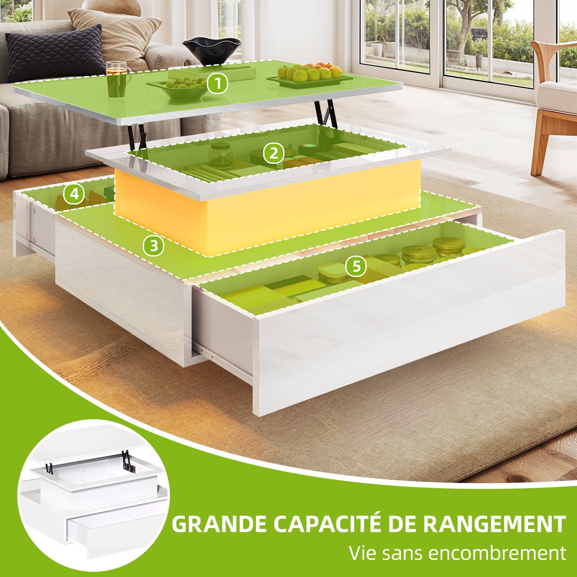 Balconera Table basse- Éclairage LED-2 tiroirs de rangement-85 x 55 x 56 cm- Blanc - 5