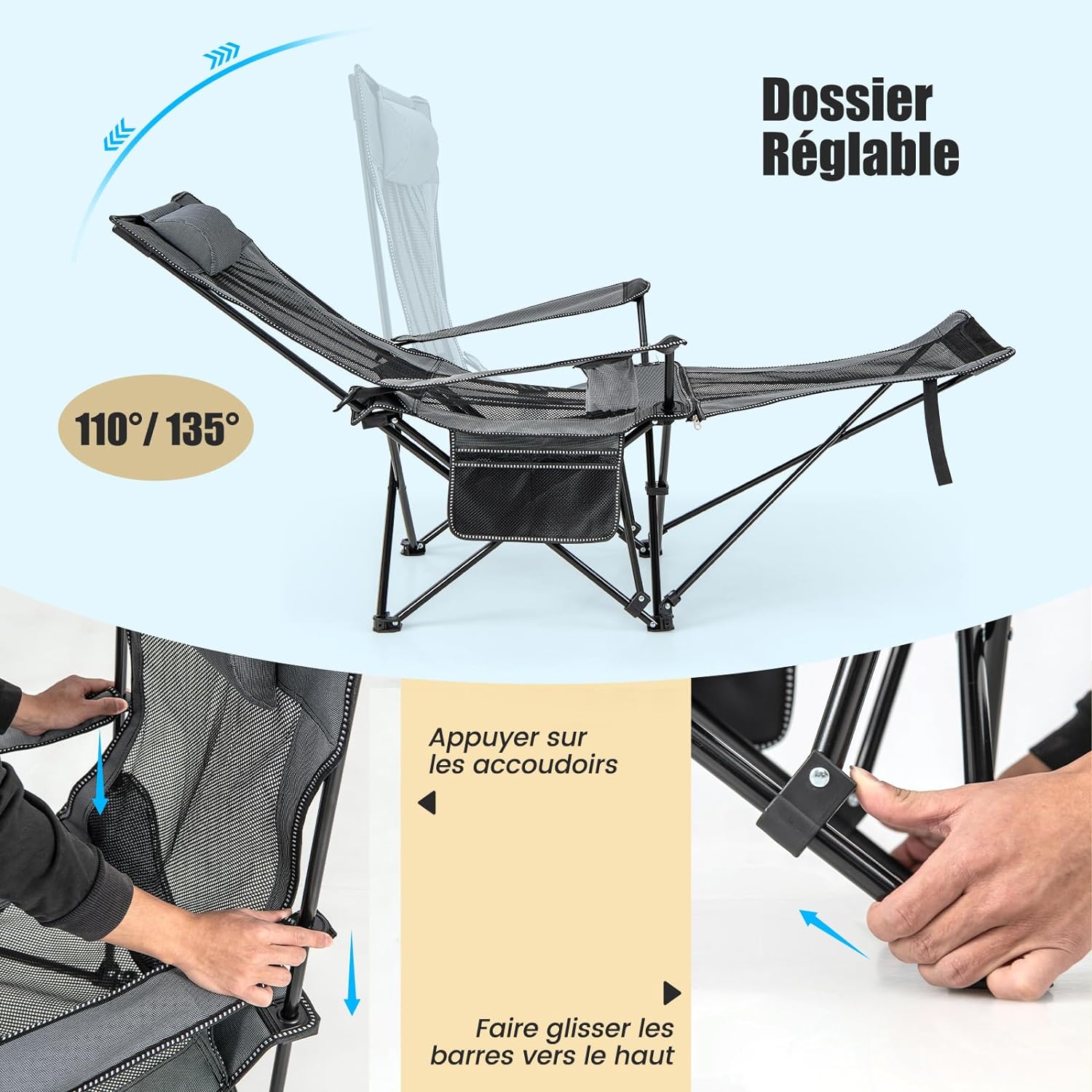 Chaise de Camping Pliable,Chaise Longue de Plage avec Repose-Pieds Et Appui-Tête,Charge 150 KG,Gris - 3