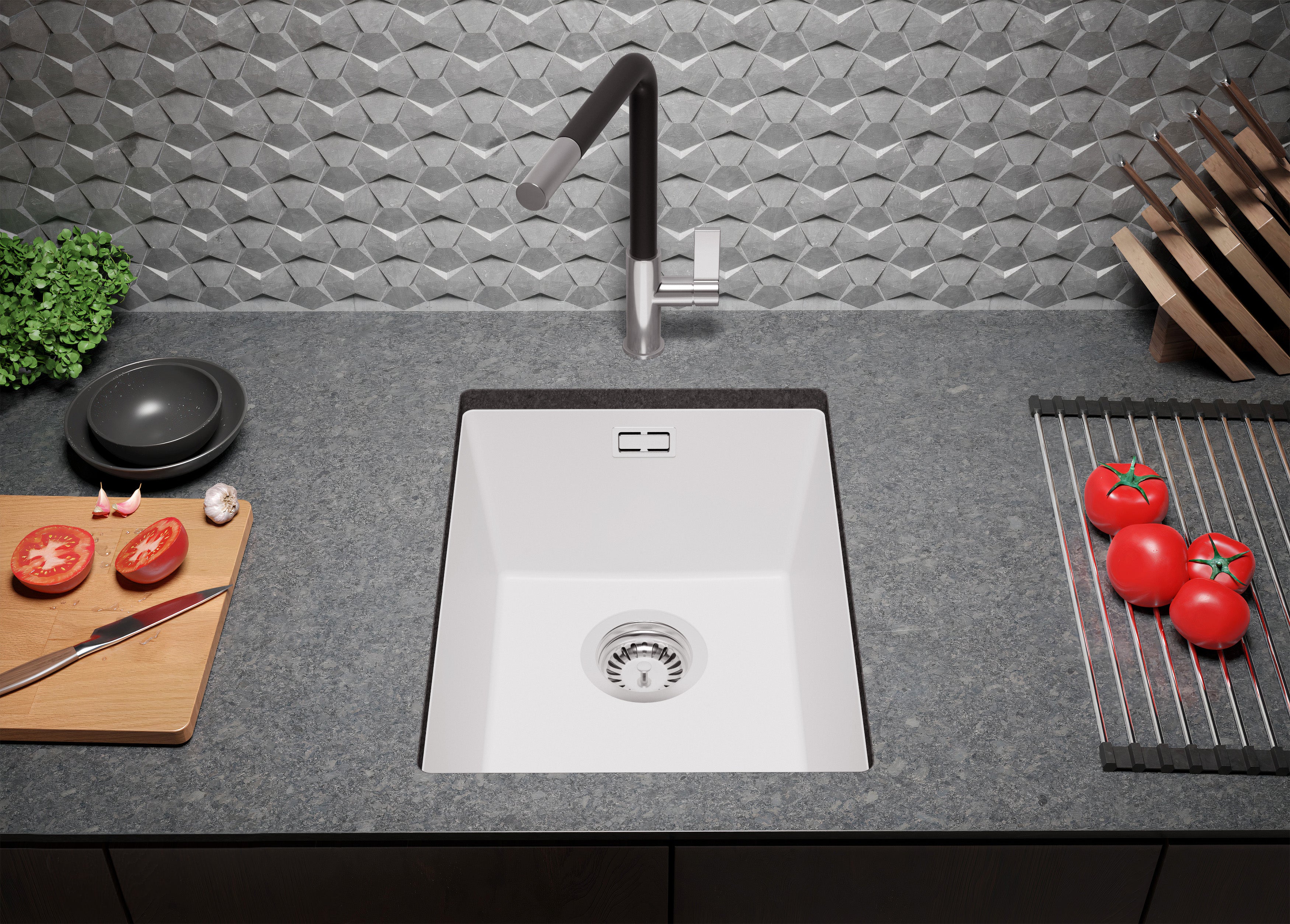 Lavandino sottotop Bianco 36x47cm, Lavello in Granito a 1 vasca + Sifone Classico + Accessori, Lavabo da Cucina al mobile 40cm - London PRIMAGRAN - 4