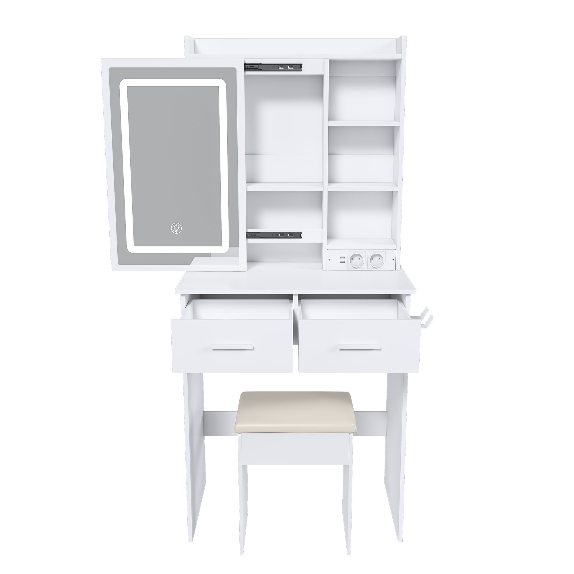 Petite coiffeuse blanche avec miroir, éclairage LED réglable et prise de courant – tabouret rembourré inclus, L60 × H136 × P36 cm - 6