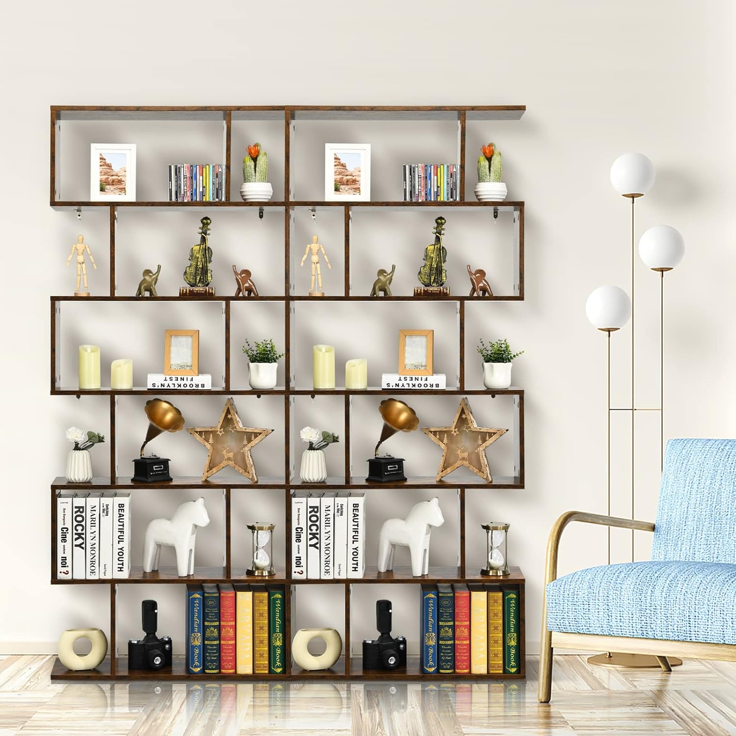 Bibliothèque en Forme S, 80 x 23 x 191 cm Étagère de Rangement à 6 Niveaux, Style Moderne Industriel avec Dispositif Anti-Basculemen, Café - 2