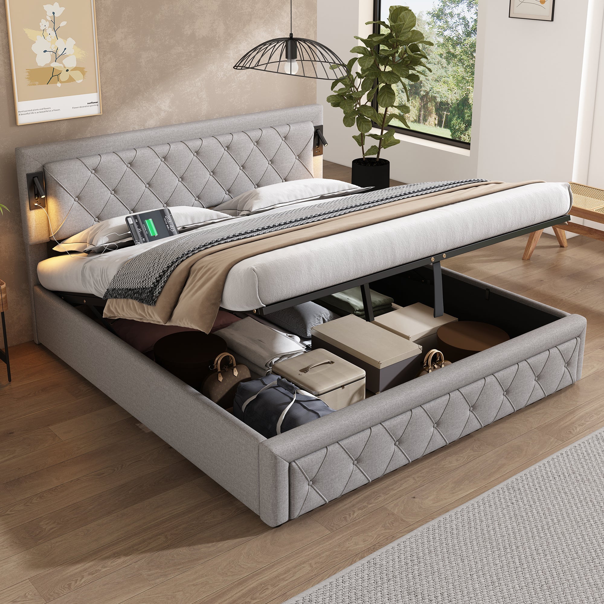 Cama contenedor de tela de lino 180x200 cm - con luz de lectura y toma USB - con somier - Gris - 5