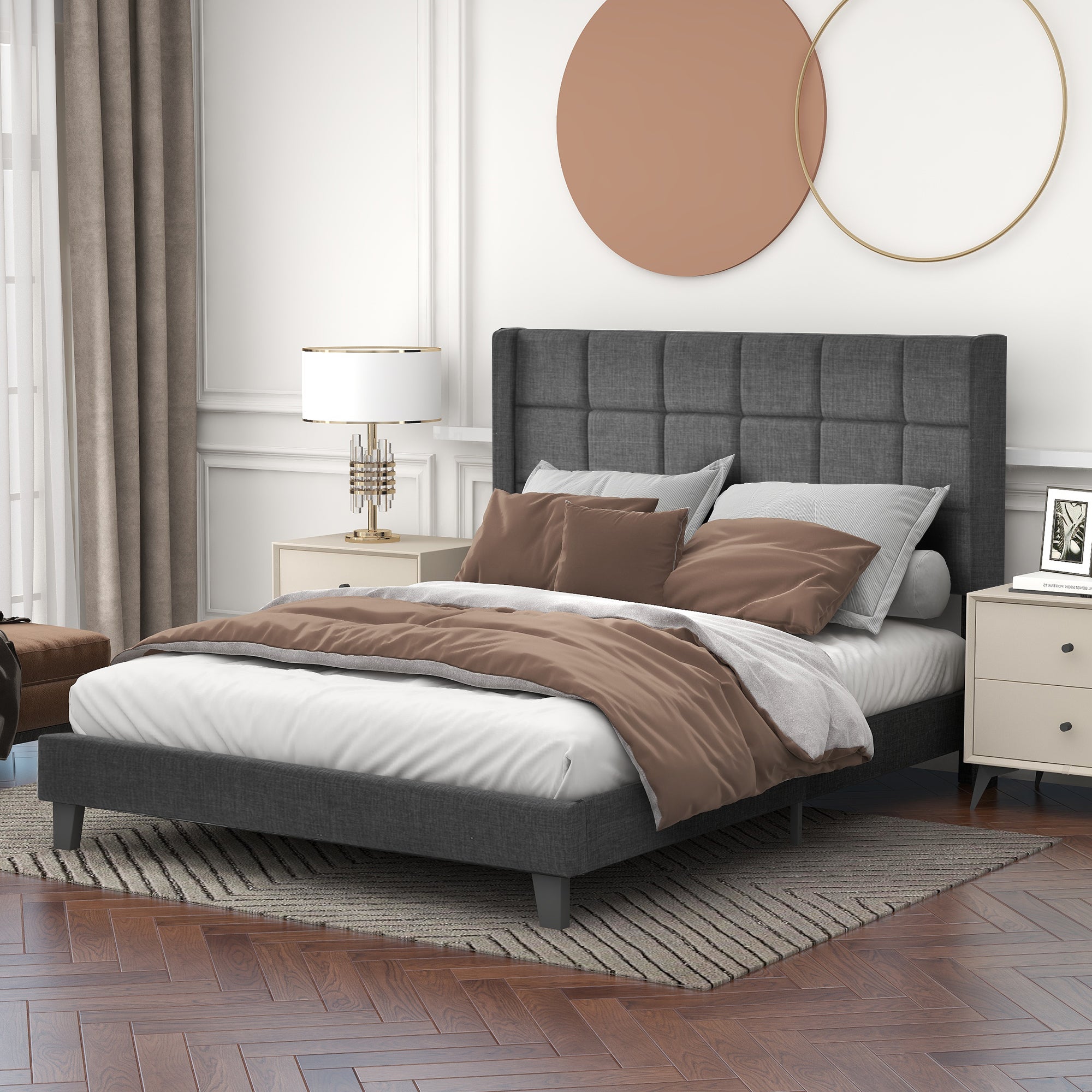 Cama de adulto tapizada con cabecero - 140 x 200 cm - tela de lino - gris - 5