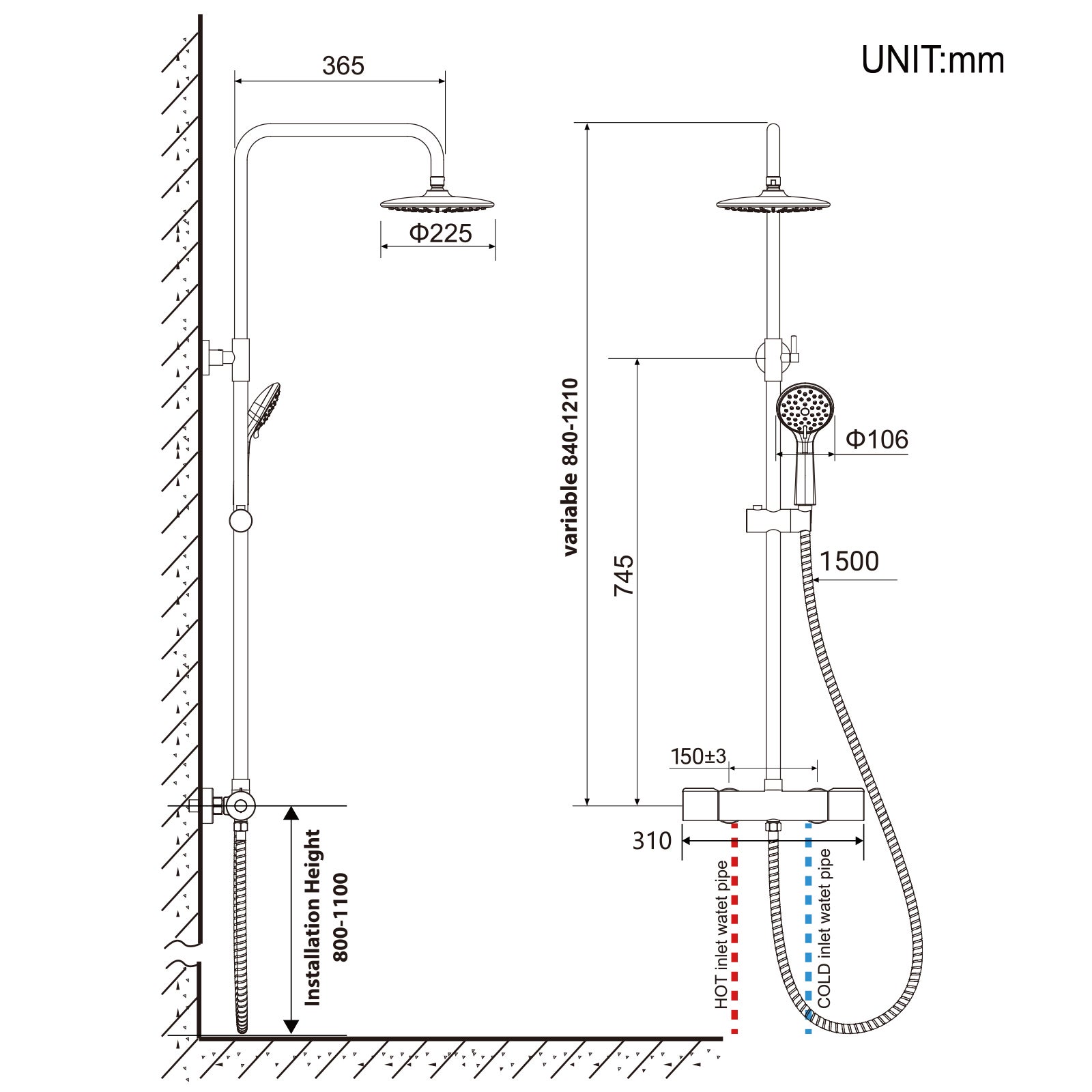 Coluna Duche Termostática Preta com Misturadora Termostática Coluna Duche 38°C,Altura Ajustável,Duche Cabeça/Chuveiro Mão com 3 Jatos - 5