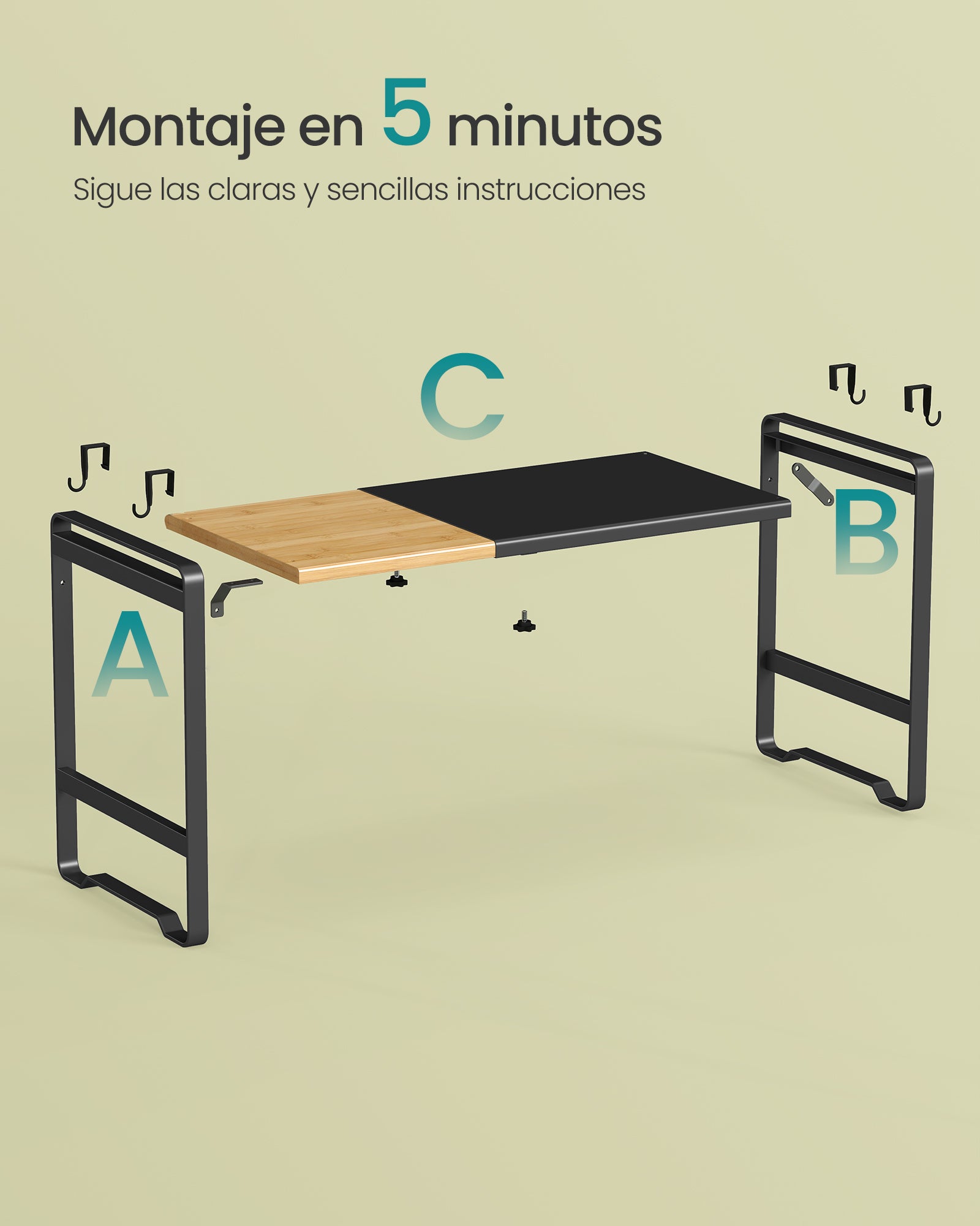 Estante Expandible para Microondas, Soporte para Microondas, Anchura Ajustable 41,5-64 cm, para Cocina, 4 Ganchos, Negro - 8