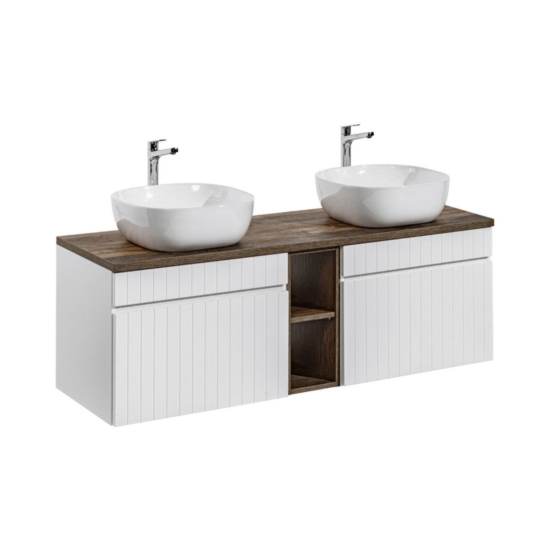 Conjunto icon blanco: muebles bajo encimera de 180cm con nichos visibles + encimera para lavabo + dos lavabos sobre encimera blancos