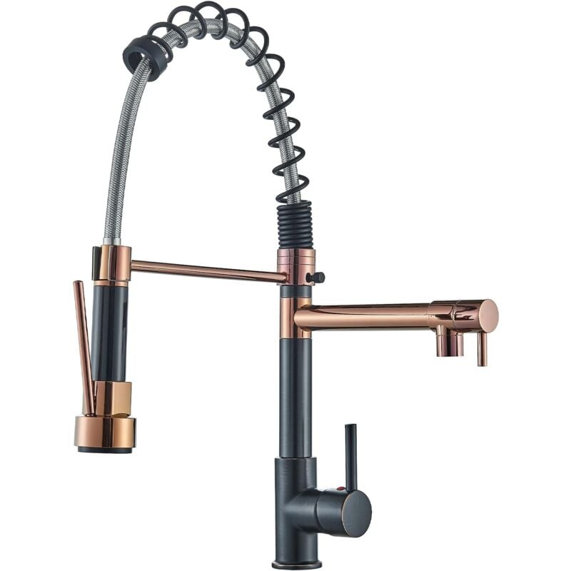 Bateria kuchenna z wyciąganą wylewką, bateria zlewozmywakowa, 2 funkcje, wylewka obrotowa 360°, różowe złoto