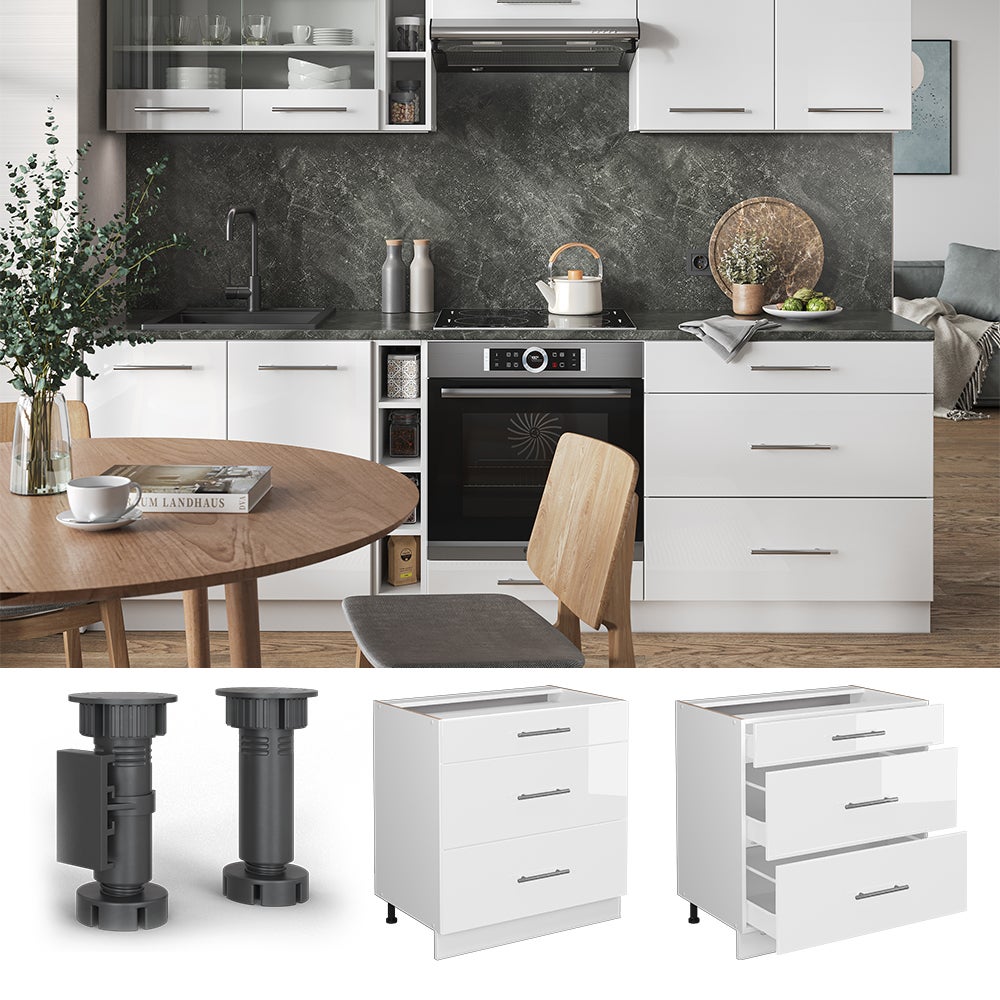 Vicco Meuble cuisine Fame-Line, Blanc Haute brillance/Blanc, 80cm avec 3 tiroirs, sans PT - 2