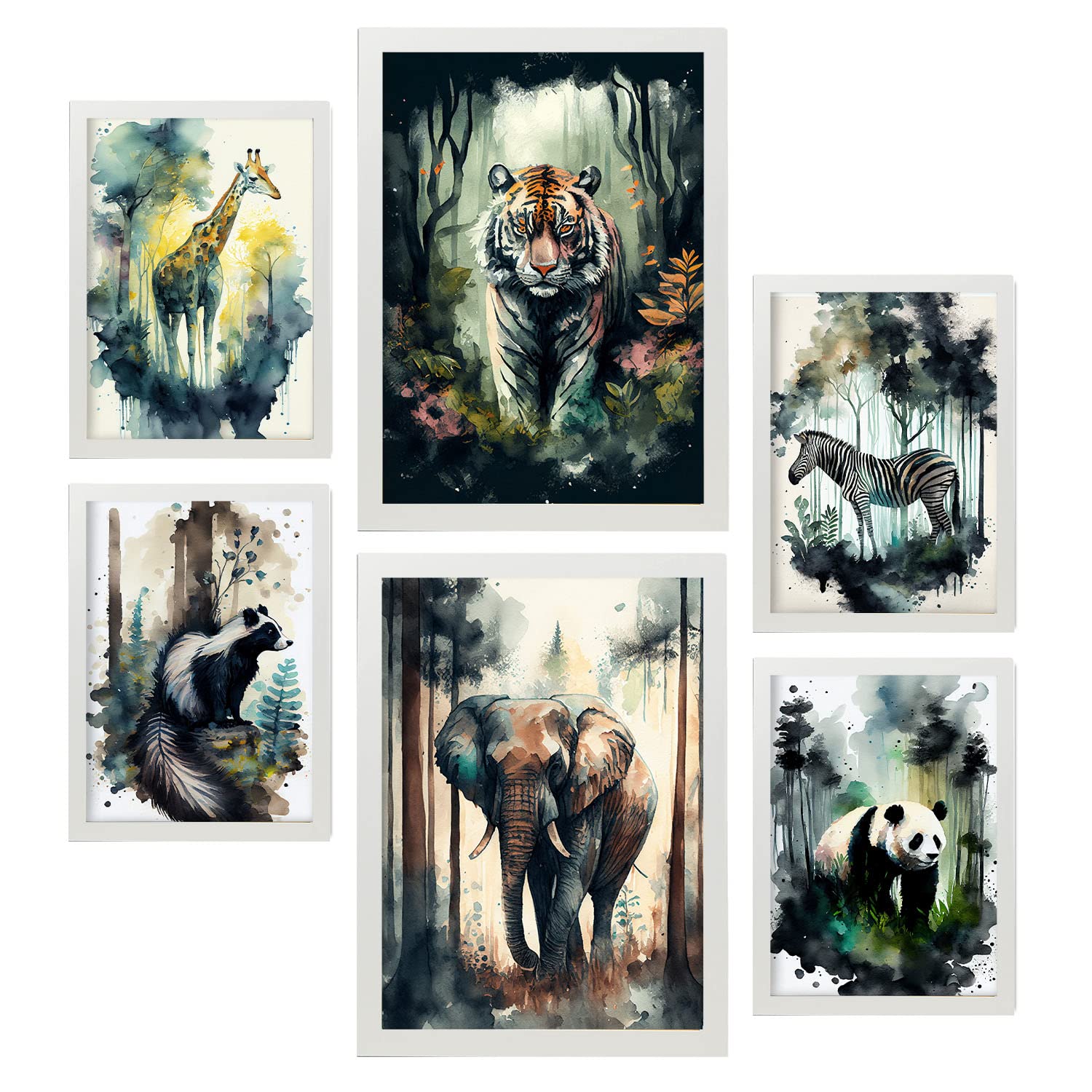 Nacnic posters de mundo salvaje coloridas ilustraciones de animales en paisajes naturales estilo acuarela para la a4 & a3 marcos blancos