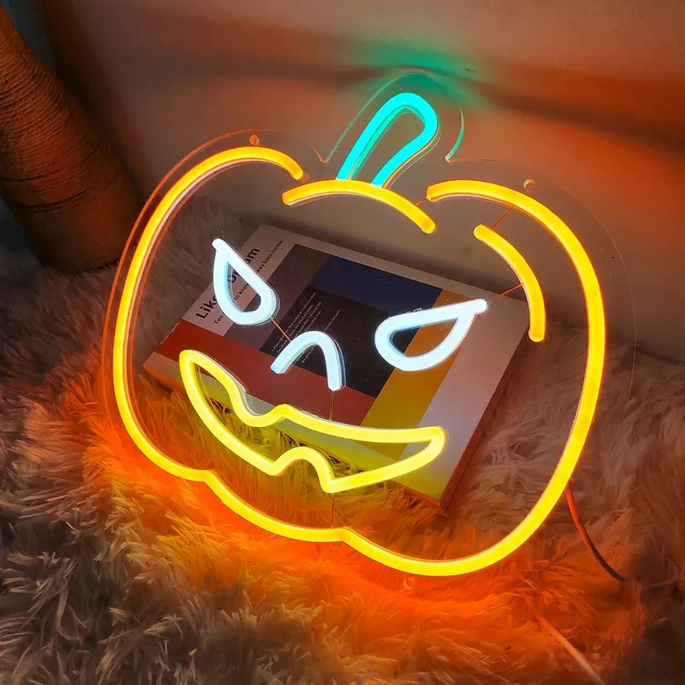 Neon LED do dekoracji ścian, świecąca dynia LED na okno, zasilanie USB, dekoracja na Halloween, 18 x 20 cm