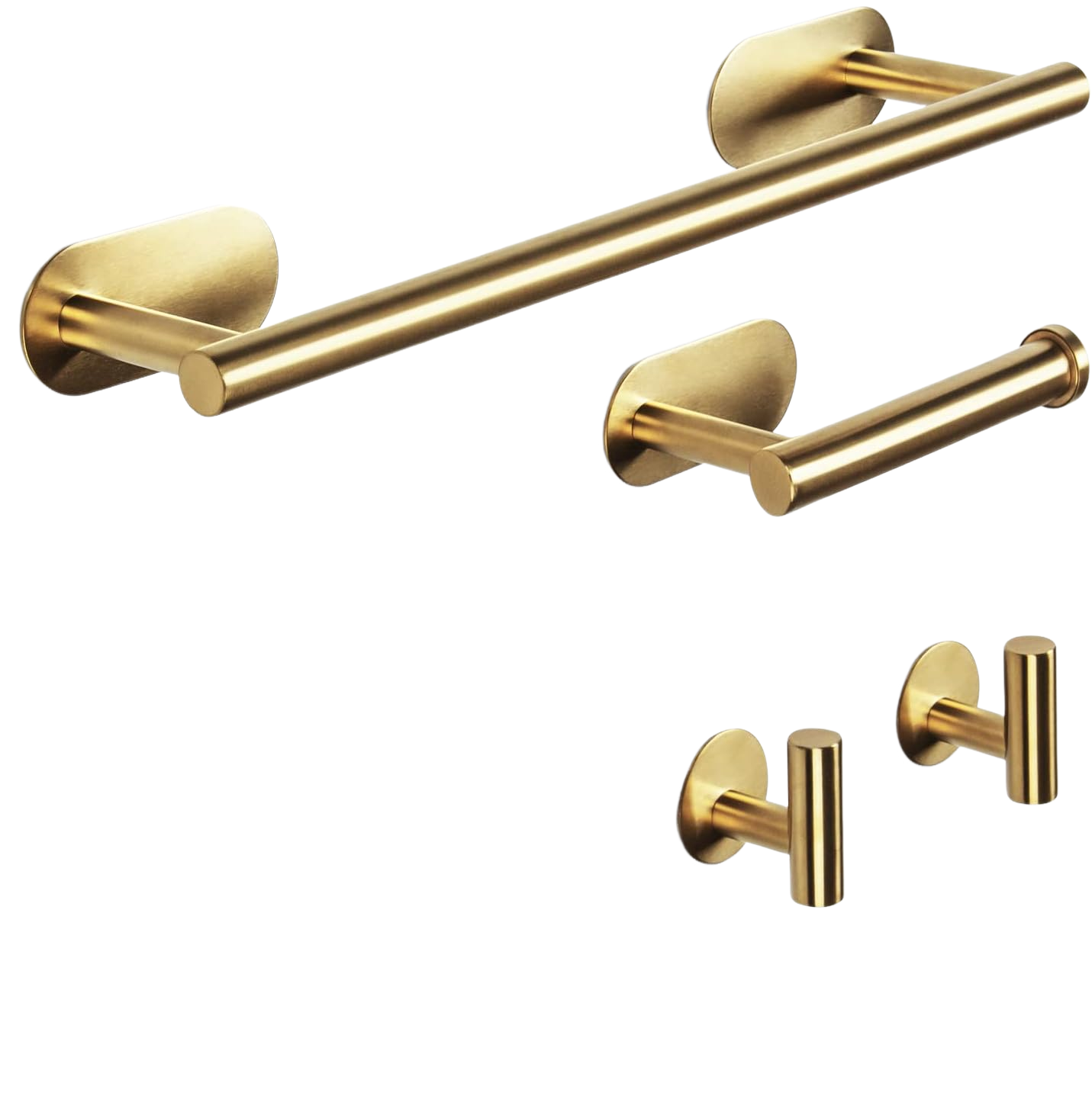 Zestaw akcesoriów łazienkowych składający się z 4 elementów: uchwytu na papier toaletowy ze stali nierdzewnej i złotego wieszaka na szlafrok.