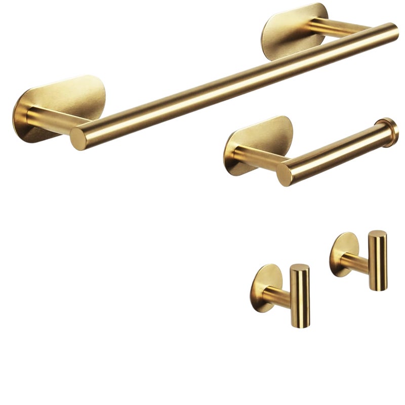 Zestaw akcesoriów łazienkowych składający się z 4 elementów: uchwytu na papier toaletowy ze stali nierdzewnej i złotego wieszaka na szlafrok.