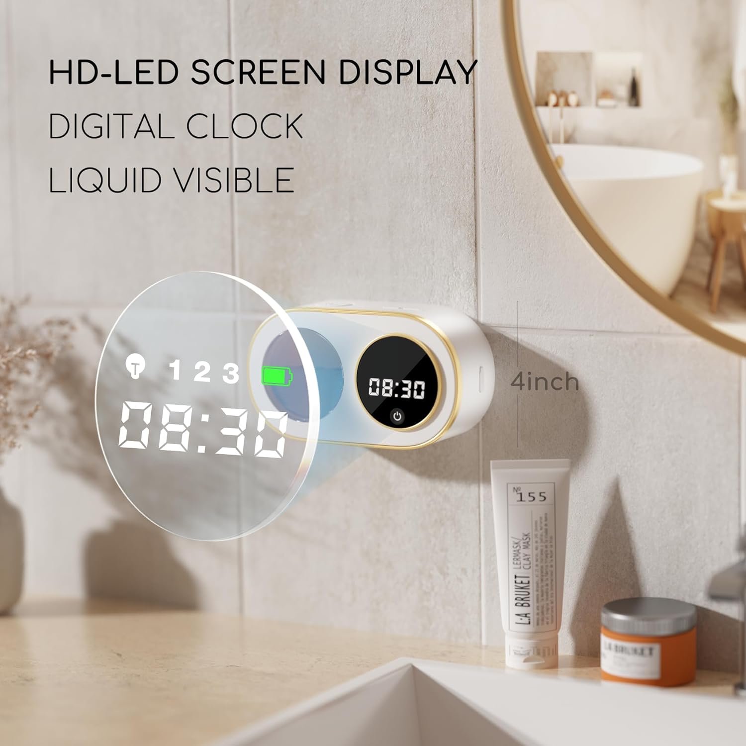 Distributeur de savon automatique blanc sans contact, affichage de l'heure LED HD, distributeur de savon en mousse mural rechargeable, salle de bains - 2