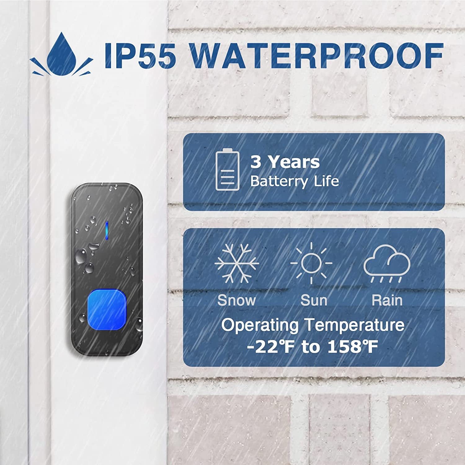 Sonnette électronique sans fil étanche pour extérieur, 2 émetteurs et 1 récepteur, avec prise 55 mélodies, 5 volumes, noir - 9