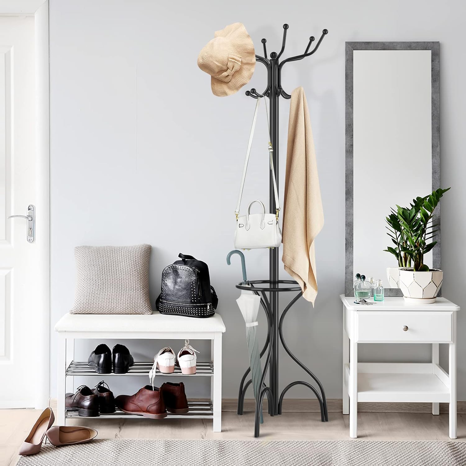 Porte-manteau Sur Pied Avec Base En Pierre – Design En T Avec Nœuds Métalliques | 175 Cm | Noir