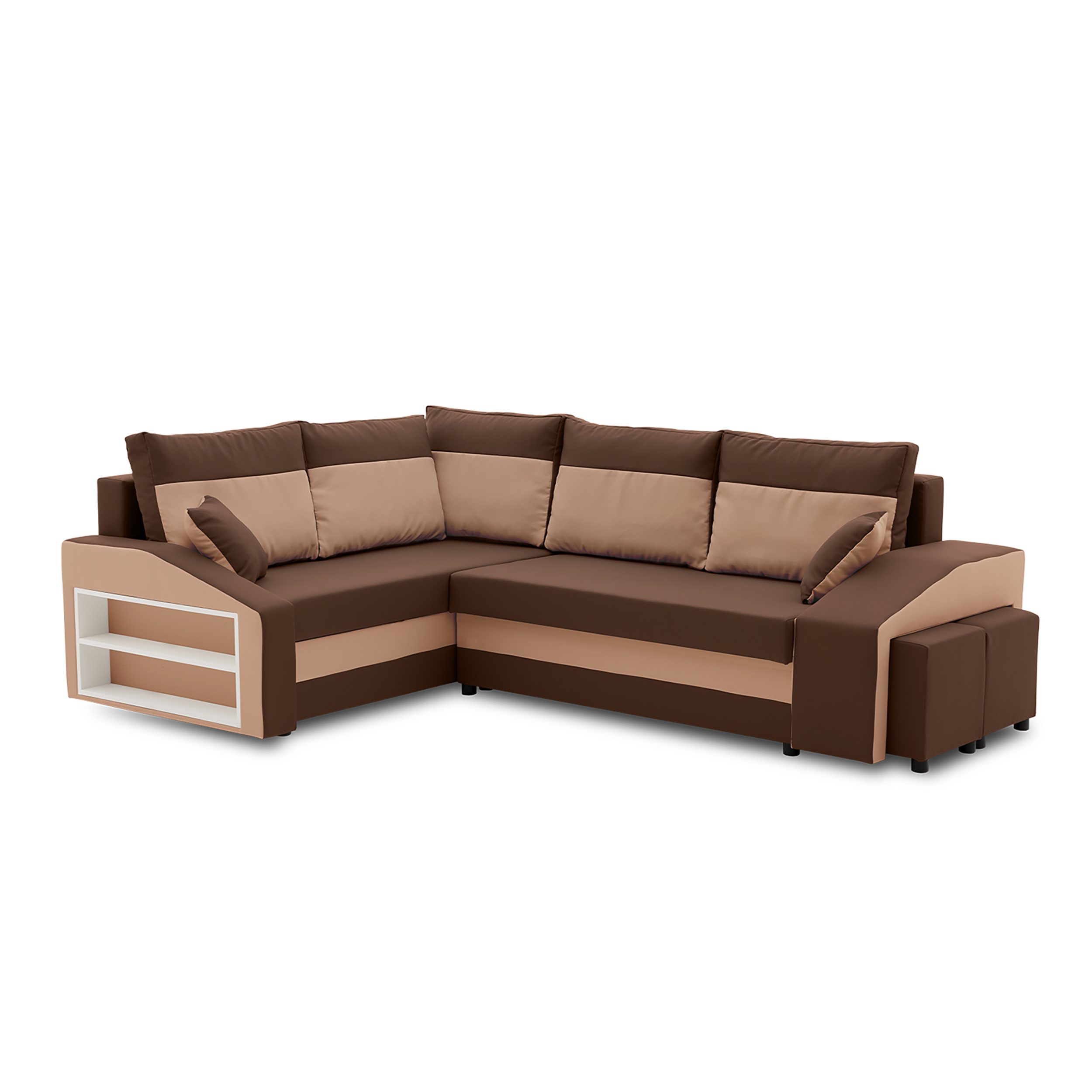 Narożnik, lewy, półka, pufy w prawym, LUSSO, 254x179x82 cm, brąz | TYLETEGOTU