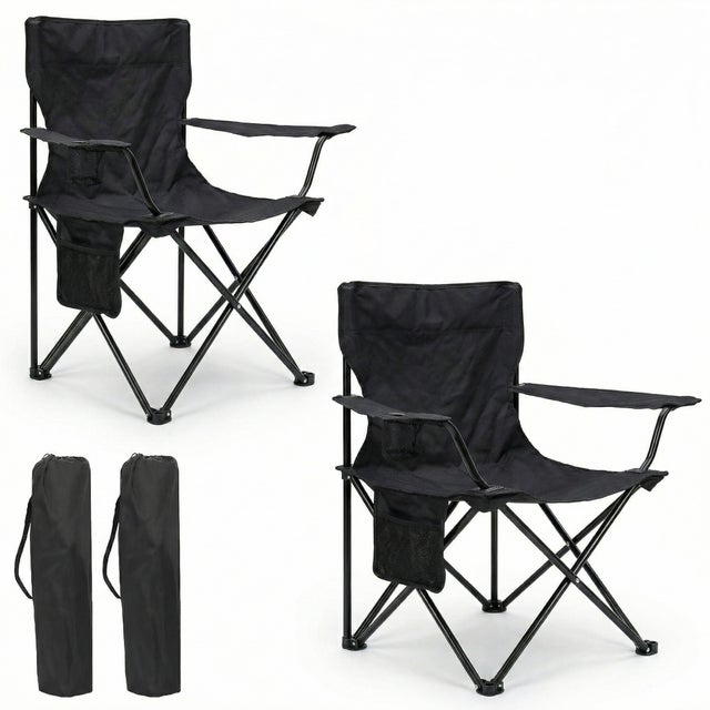 Conjunto de 2 cadeiras dobráveis portáteis para acampamento, pesca, acampamento, praia, com apoio de braços e bolsa de transporte, caminhada, preto