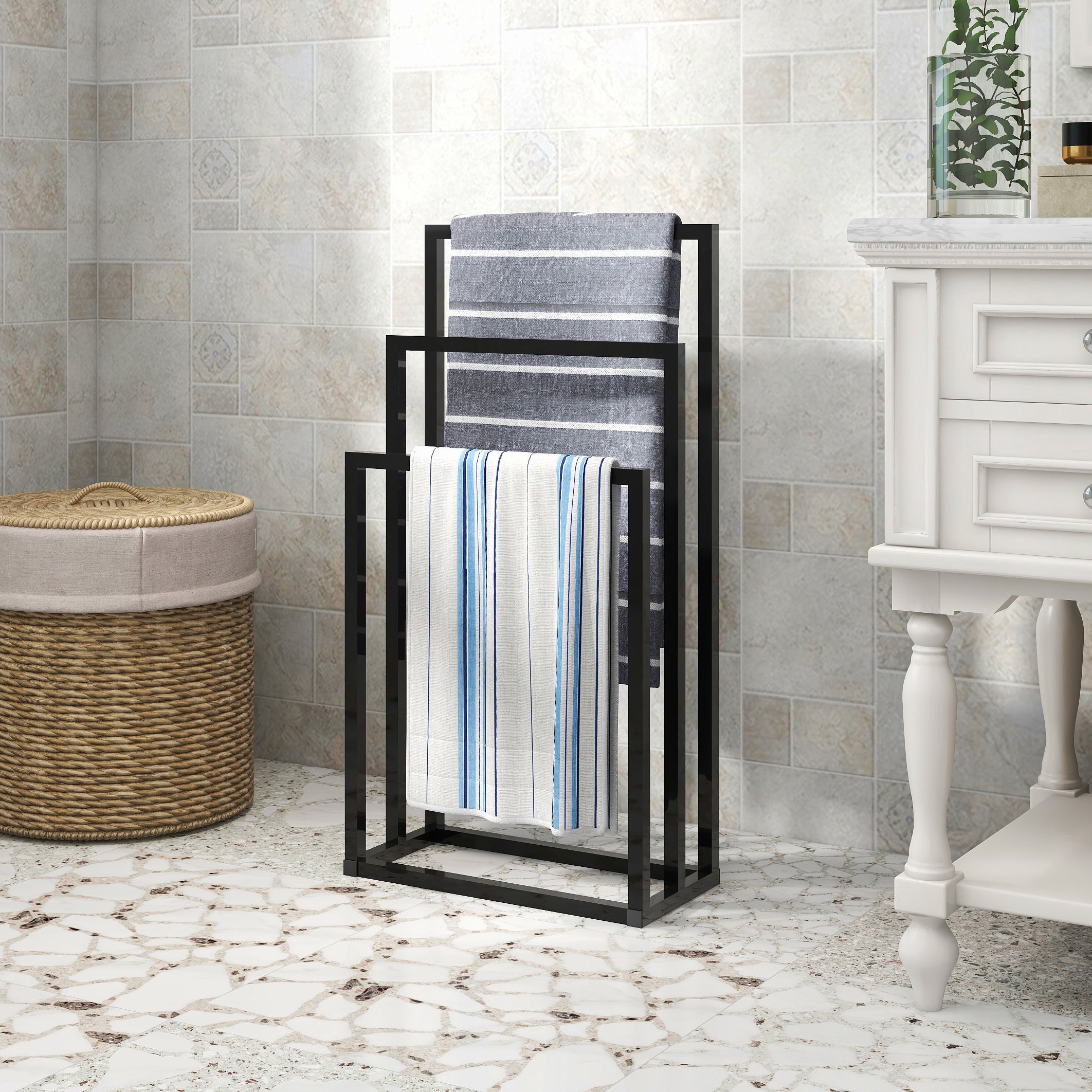 Porte-serviettes pour salle de bain, porte-serviettes extérieur à 3 niveaux plus large, porte-serviettes autoportant, porte-serviettes - 2