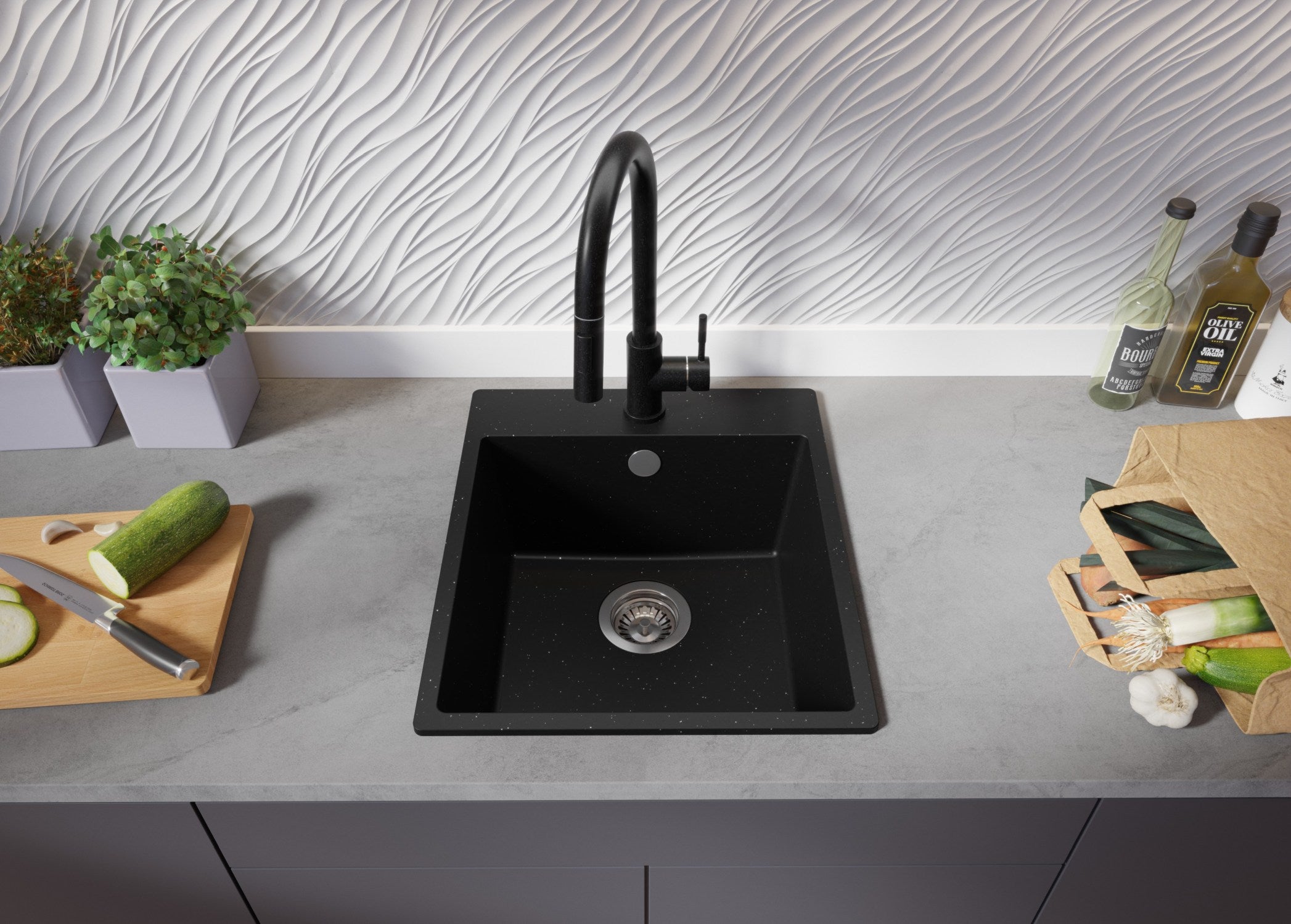 Evier Cuisine en Granit Noir Métallisé 43x50cm, Lavabo 1 bac + Kit de Vidage, Évier à Encastrer au meuble 45cm - Riga PRIMAGRAN - 4