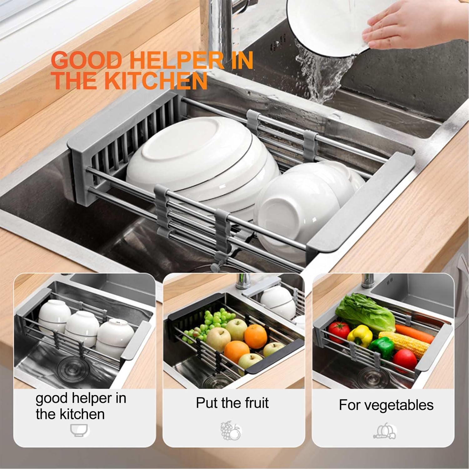 Égouttoir de cuisine, support d'évier rétractable en acier inoxydable domestique, support de rangement-22 cm - 3