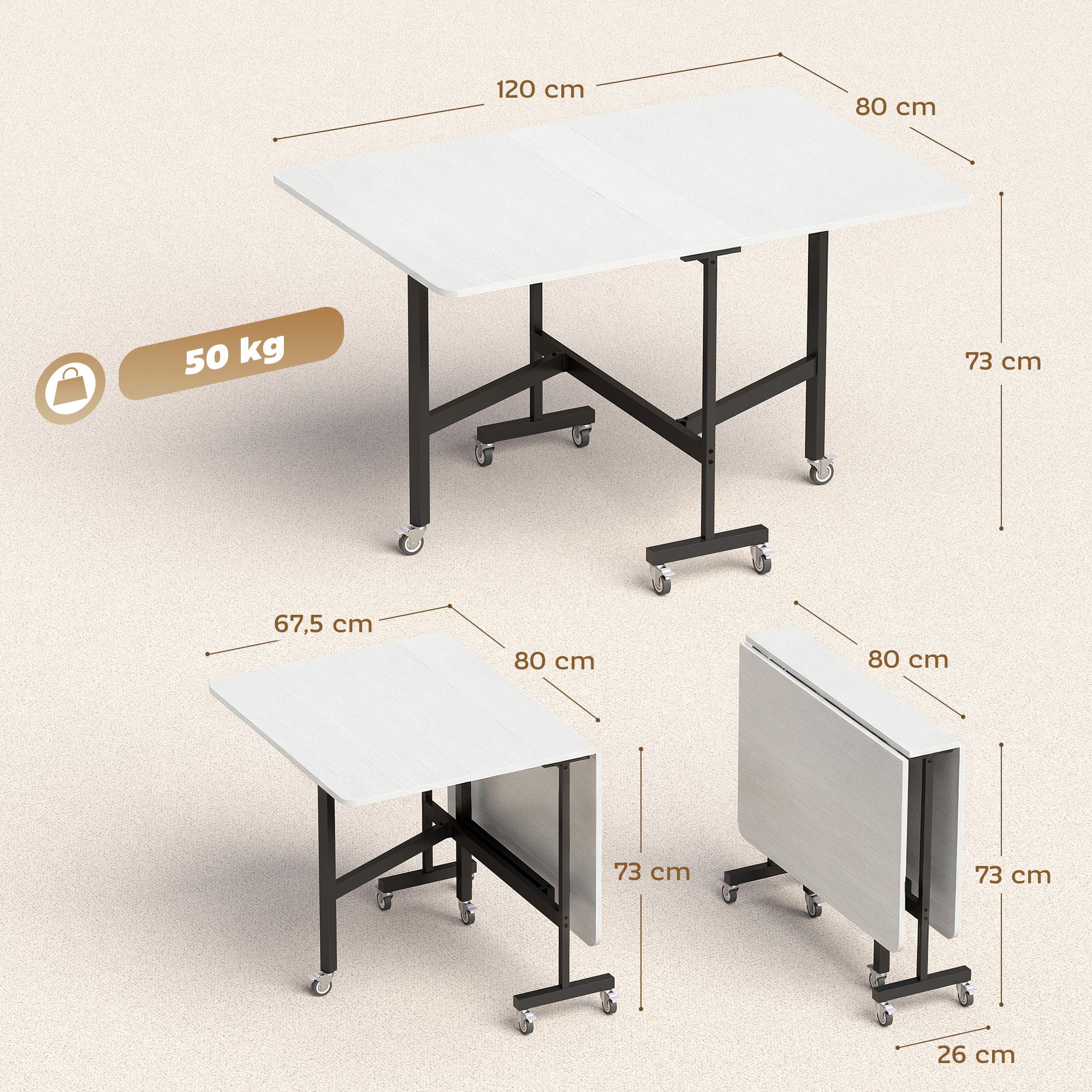 Table pliante mobile à 6 roues avec freins, table de cuisine pliable ...