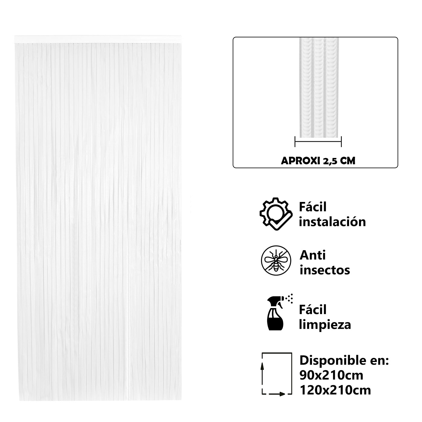 Aitsse- cortina de pvc para puerta exterior o interior con barra de aluminio (210x90cm, blanco+filo transparente p15)