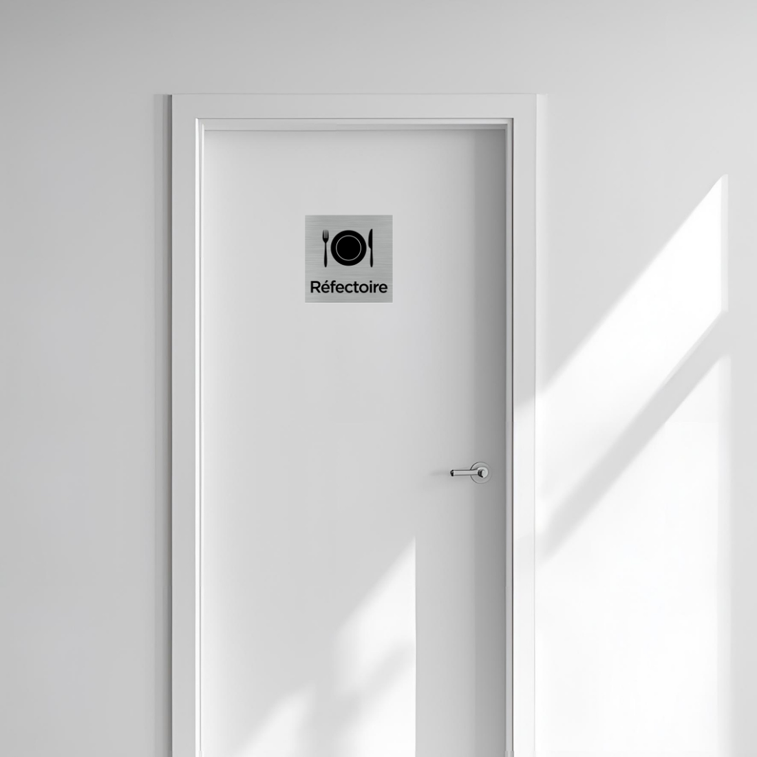 Plaque de porte carré pictogramme réfectoire, 150 x 150 mm (15x15 cm), Adhésif aspect aluminium brossé - 2