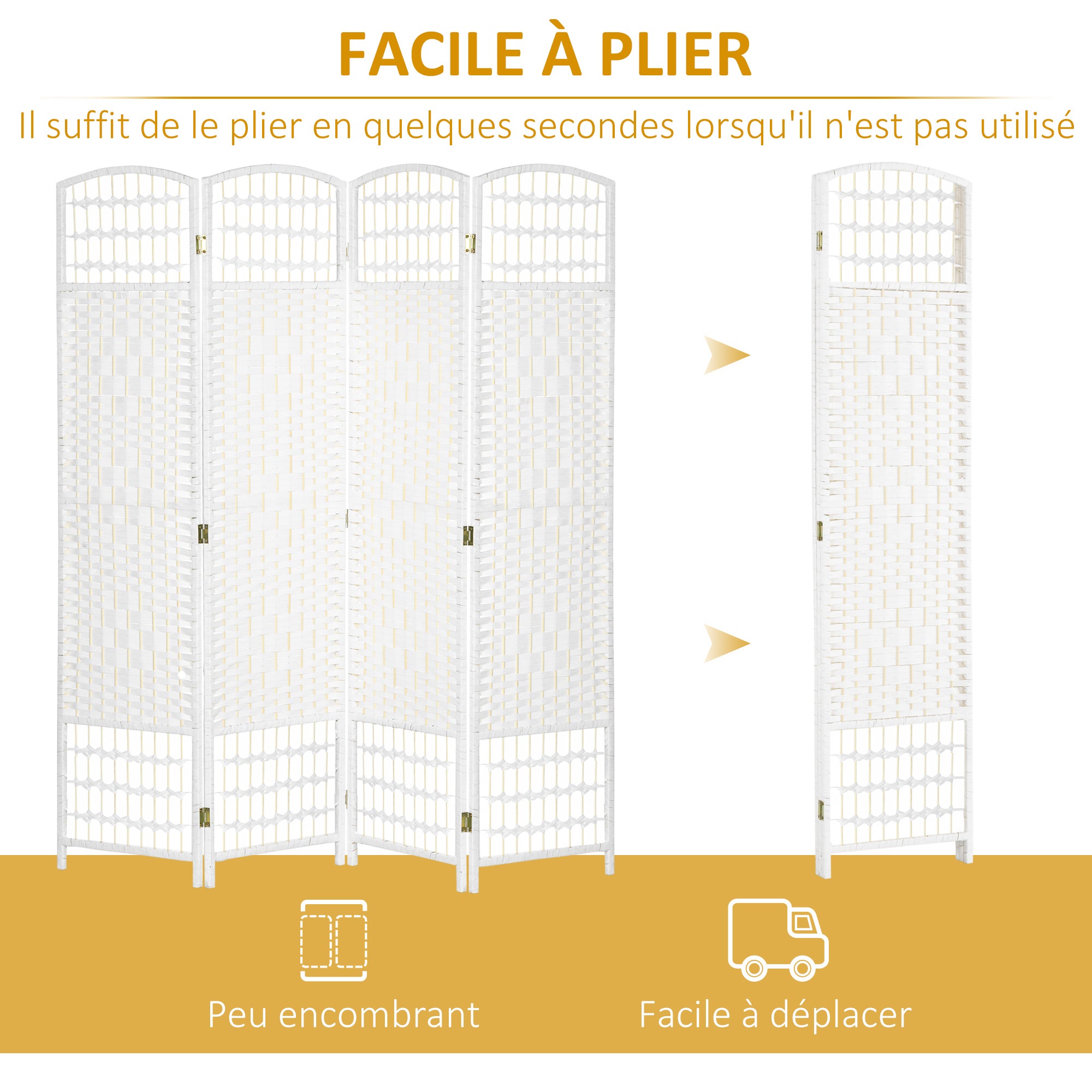 Paravent intérieur bois séparateur pièce cloison pliable 4 panneaux 160x170 cm blanc - 6