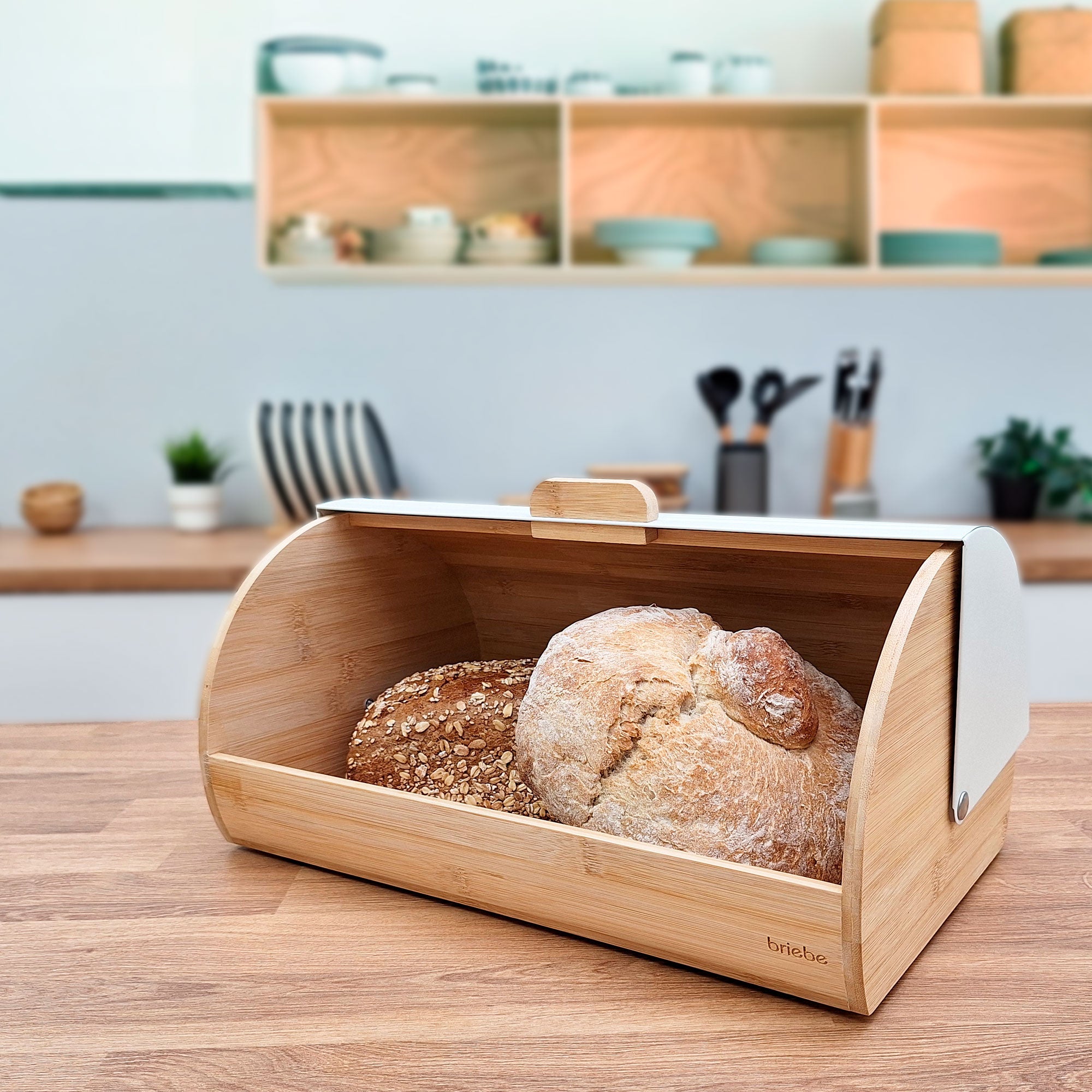Panera para Guardar Pan de Mesa Madera Bambú, Tapa Deslizante Bread Box Almacenamiento Bollería, Briebe, Blanco, , BB1162 - 3