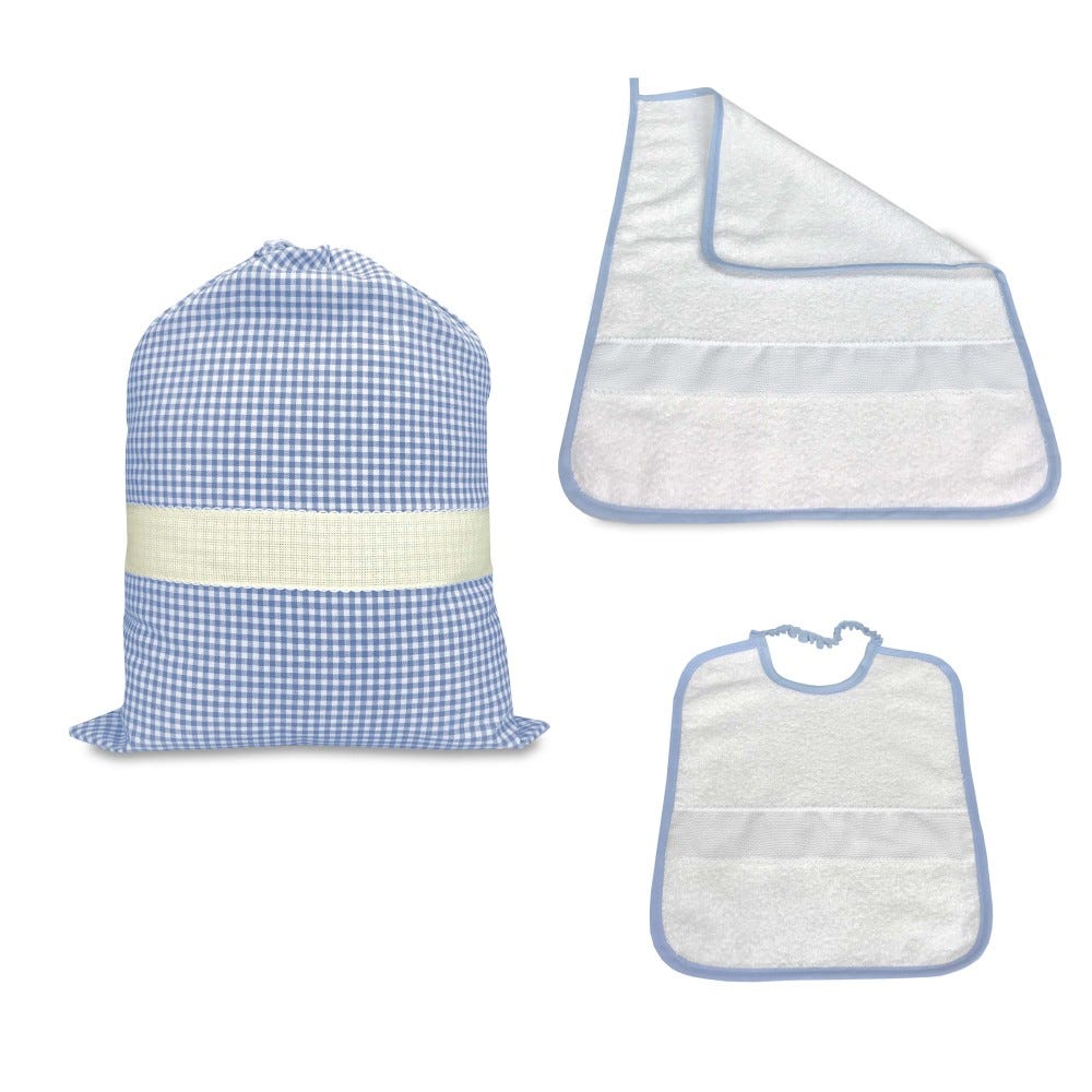 SET ASILO TRIS SACCO e ASCIUGAMANO e bavaglino A QUADRETTI TINTO