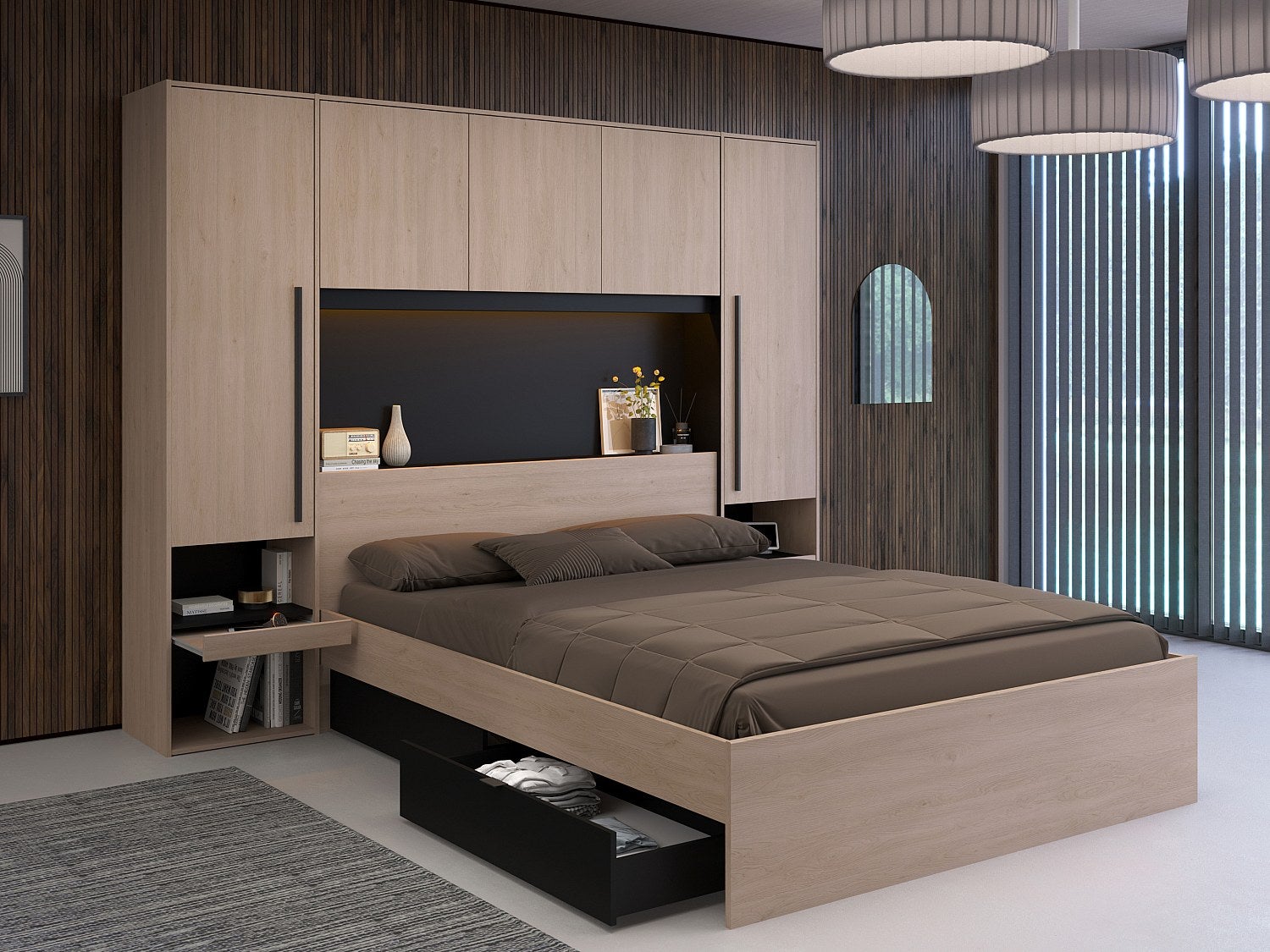 Lit pont 160 x 200 cm avec rangements - Avec LEDs - Coloris : Naturel ...