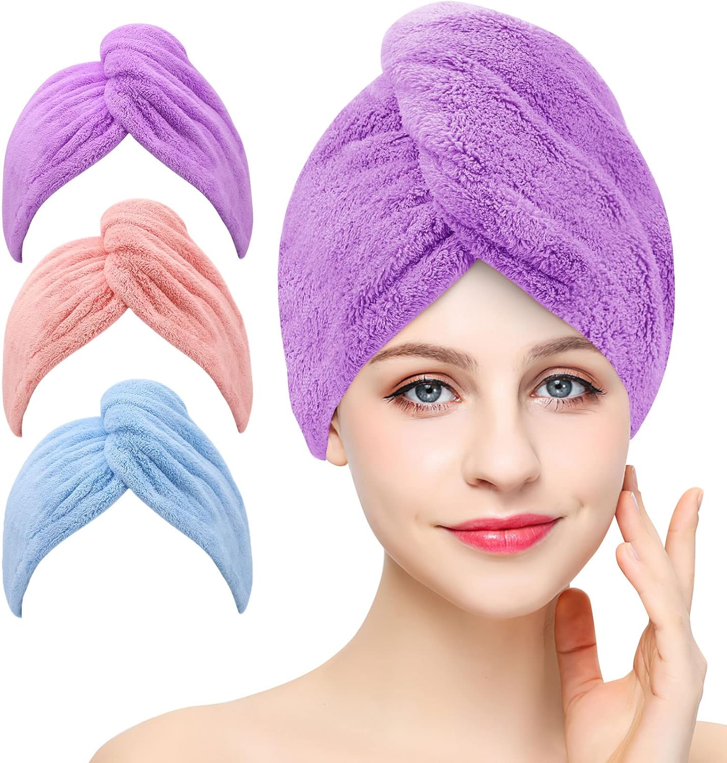 Zestaw 3 superchłonnych ręczników do suszenia z mikrofibry, szybki turban z guzikami, pętelka do kąpieli, czepek (niebieski, różowy, fioletowy)