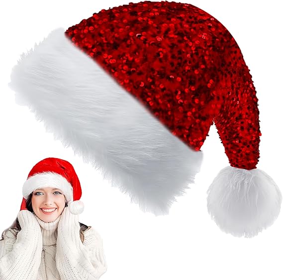 32*45cm Cekinowa czapka świąteczna Pluszowa czapka Mikołaja dla dorosłych i dzieci, Unisex Błyszcząca czapka świąteczna z futra Prezenty świątecz