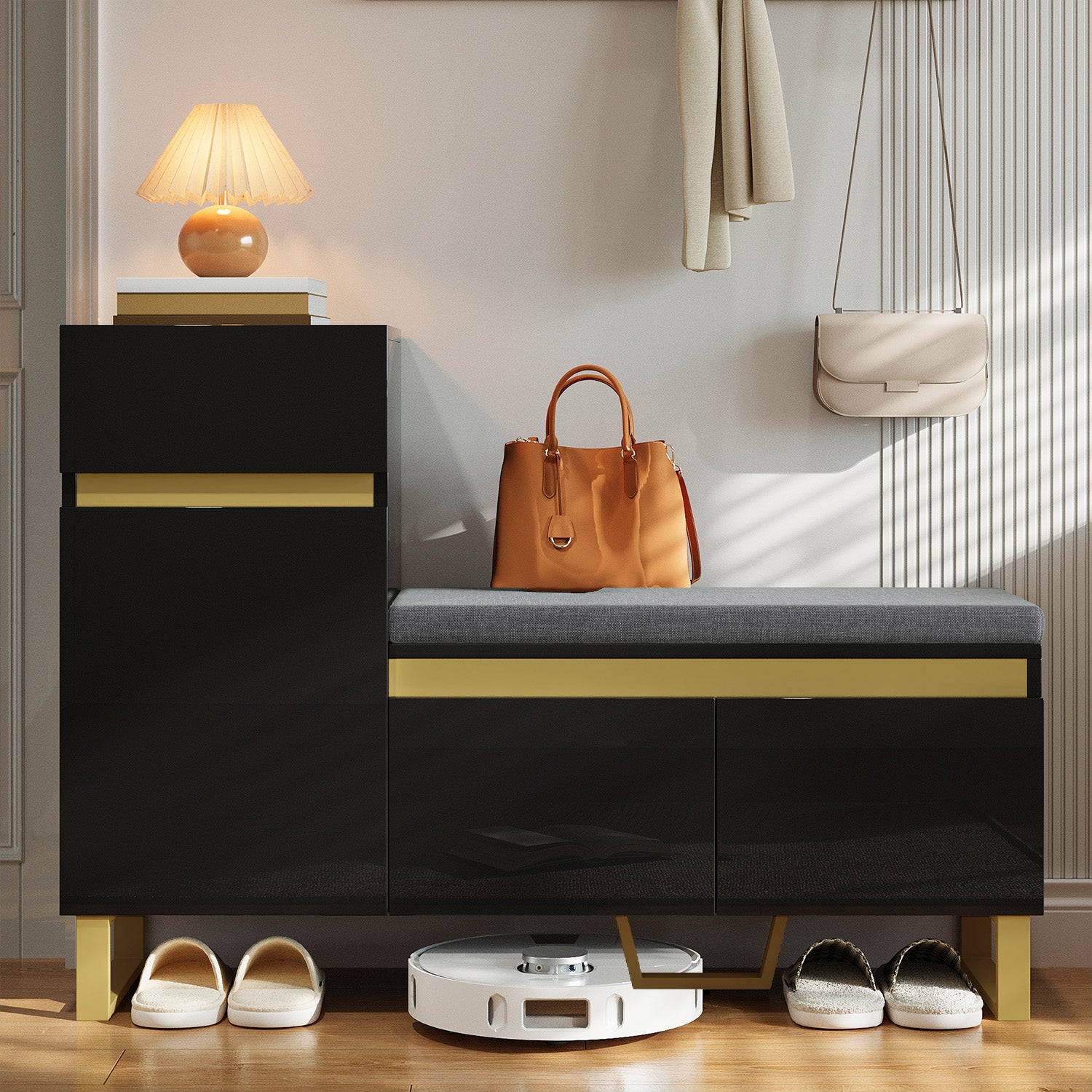 Szafka na buty z ławką, poduszką, 3 drzwiami i 1 szufladą - 120 x 35 x 85 cm - MDF - Czarna