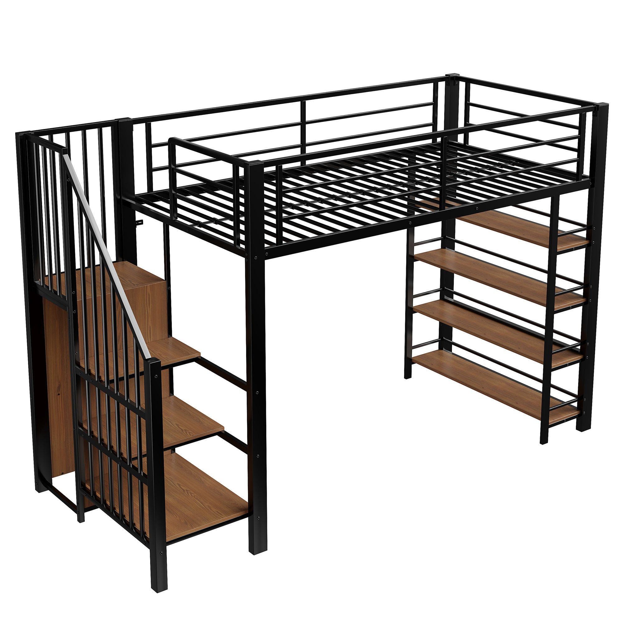 Lit mezzanine 90x200, avec escalier de sécurité, rangements, petite penderie et étagères, design haute clôture, lit adolescent, noir - 8