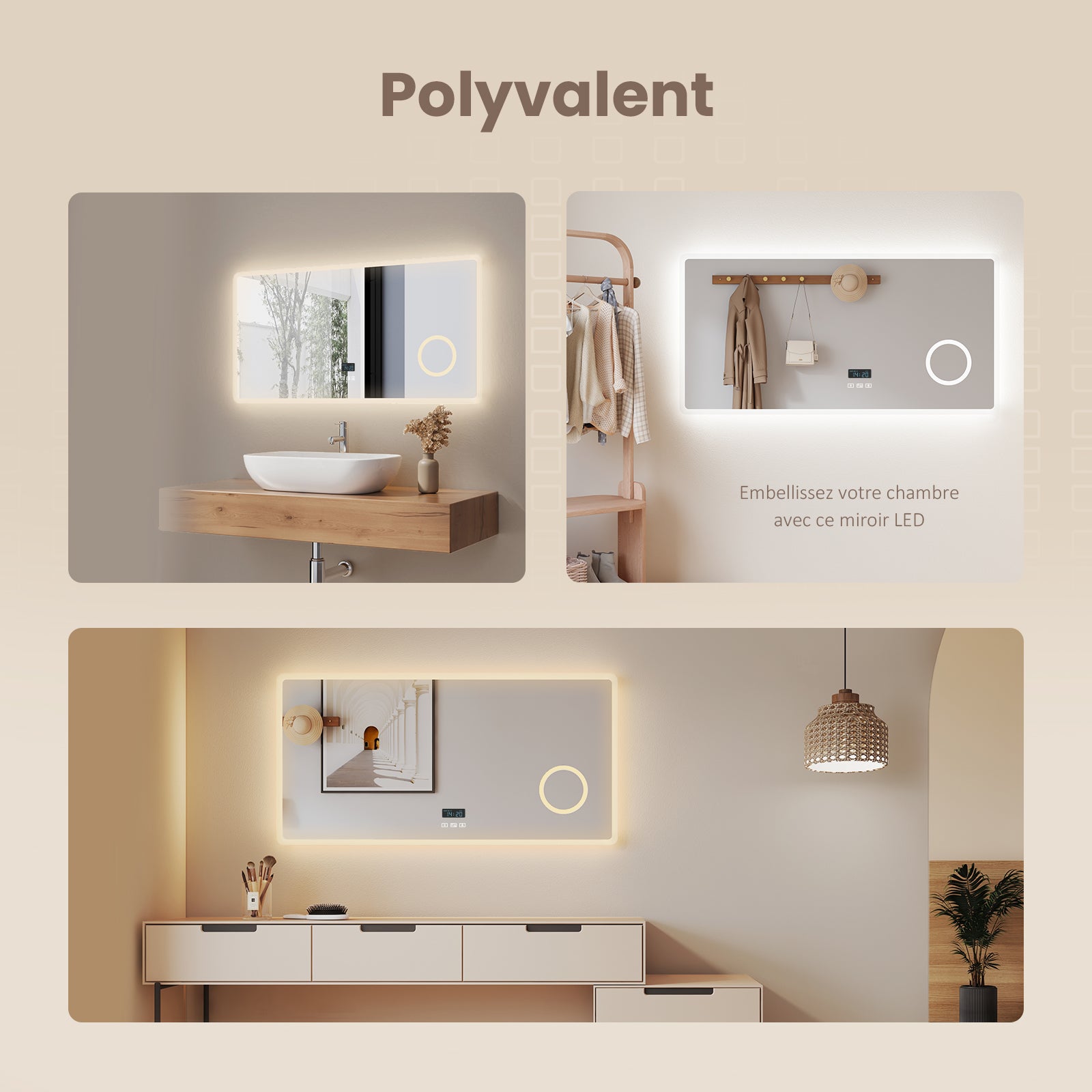 EMKE Miroir de salle de bain LED 100 x 60 cm - Bluetooth, Antibuée, 3 couleurs de lumière, intensité réglable, Grossissant 3x - 8