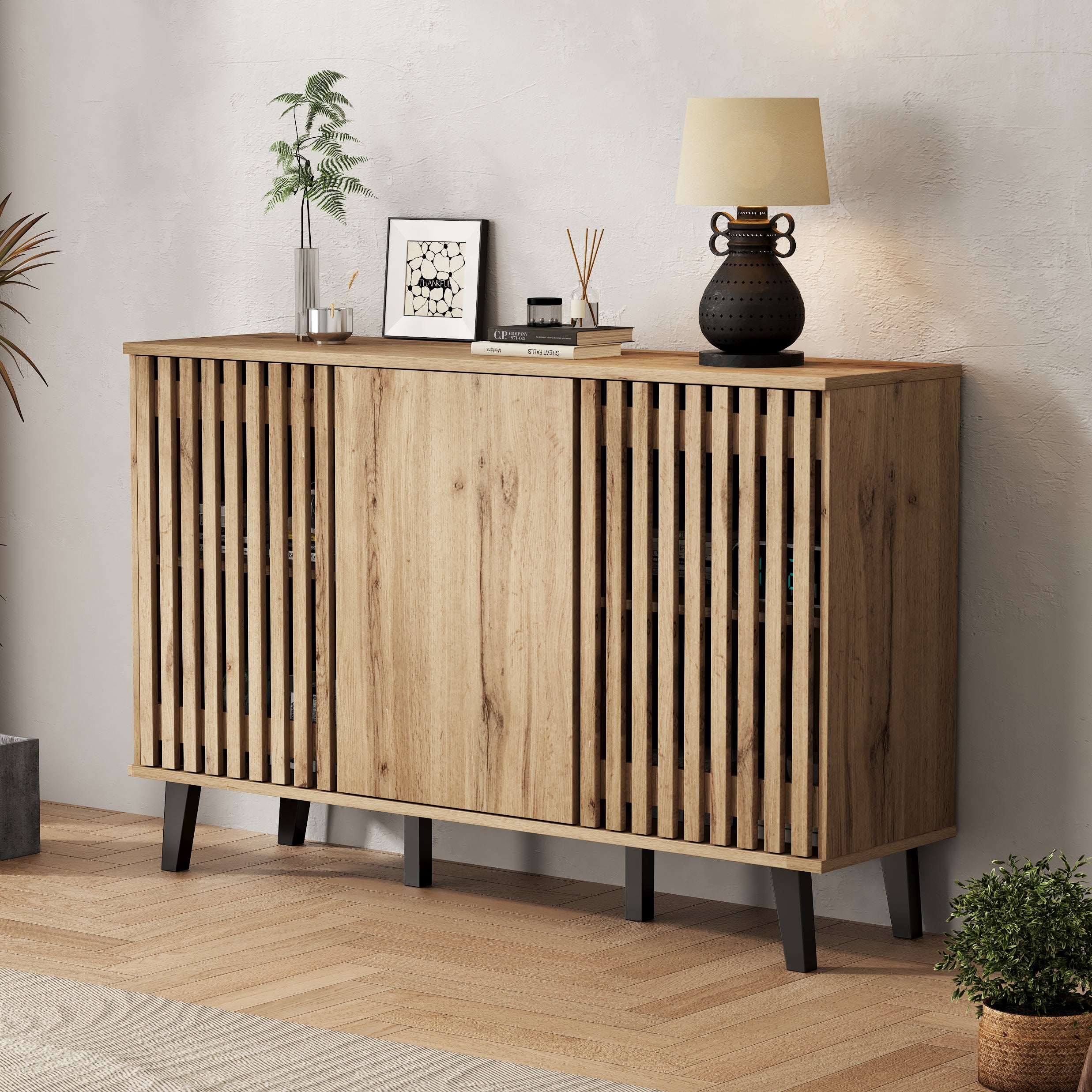 Buffet 150x40x95 cm - 3 portes et 6 compartiments de rangement - Style scandinave - Naturel - 4